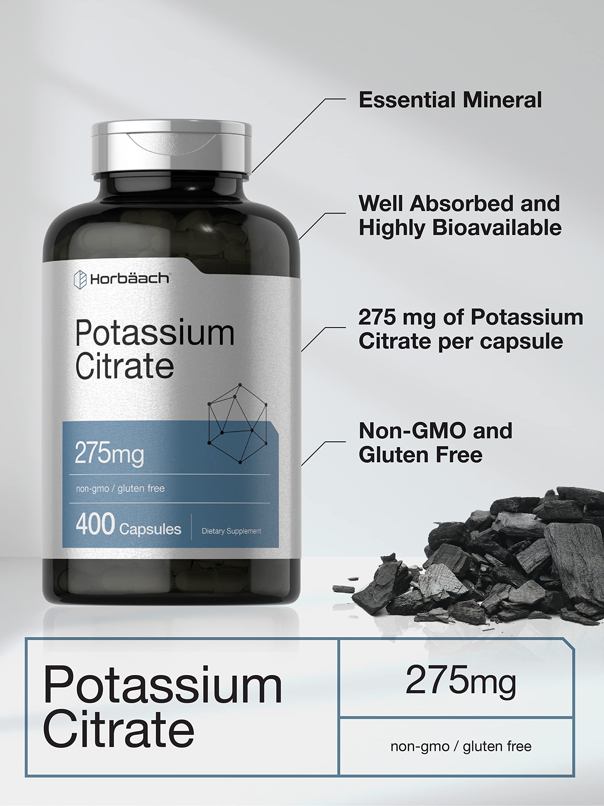 Horbaach potassium citrate label back with ingredients and testing details.