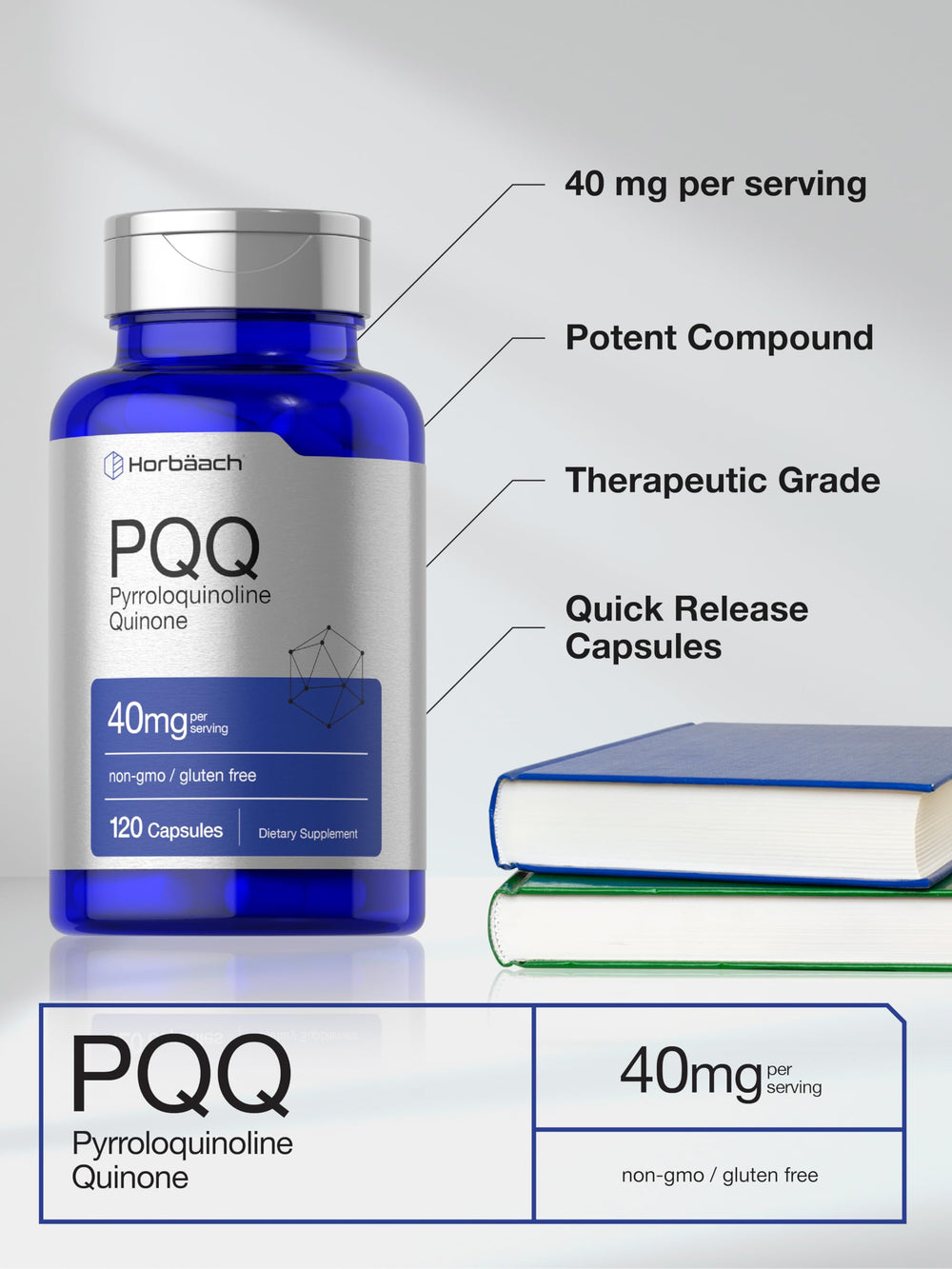 Box front of Horbäach PQQ 40 mg highlighting gluten-free and purity commitments