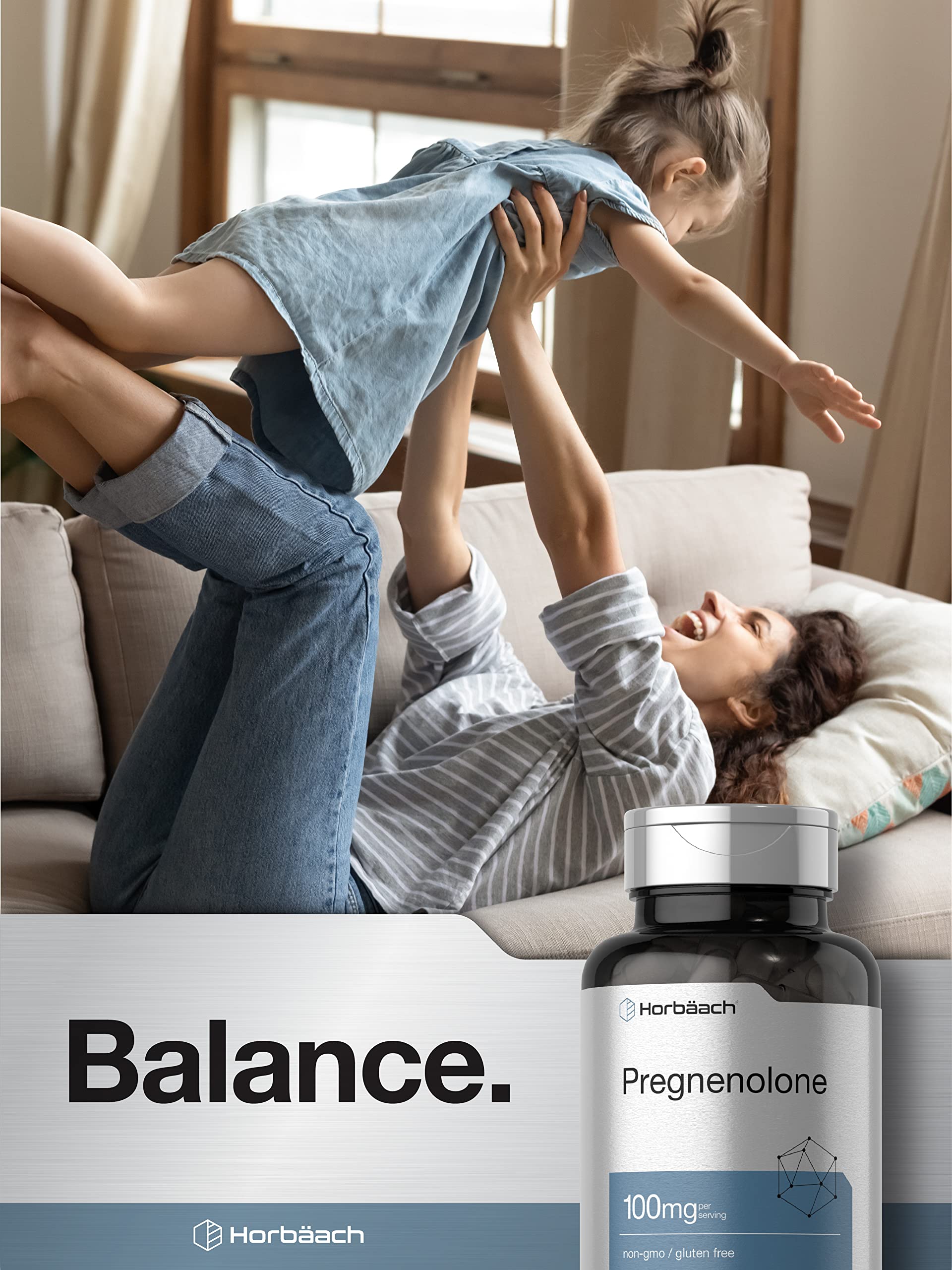 Horbäach Pregnenolone allergen-free packaging emphasizes gluten-free and dairy-free formulation.
