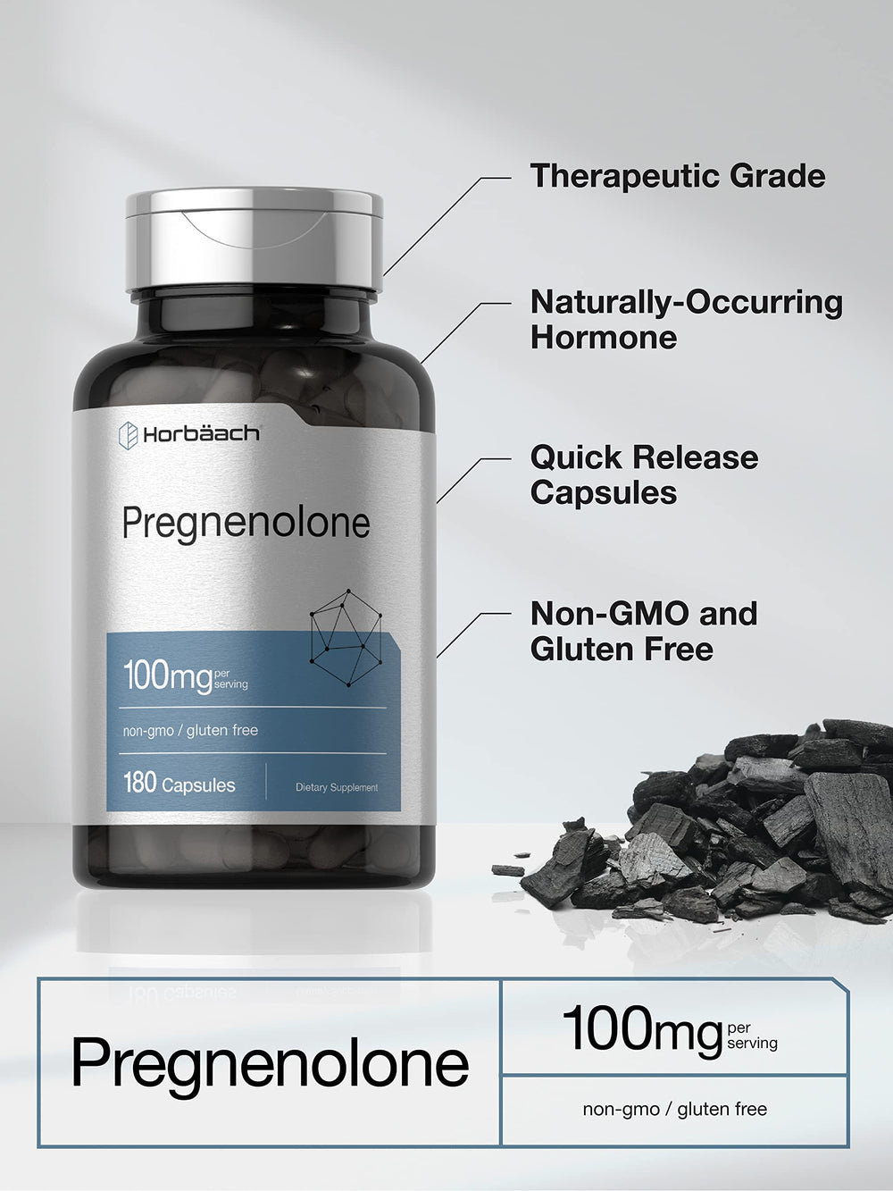 Horbäach Pregnenolone 100 mg bottle on desk with dosage information for daily use.