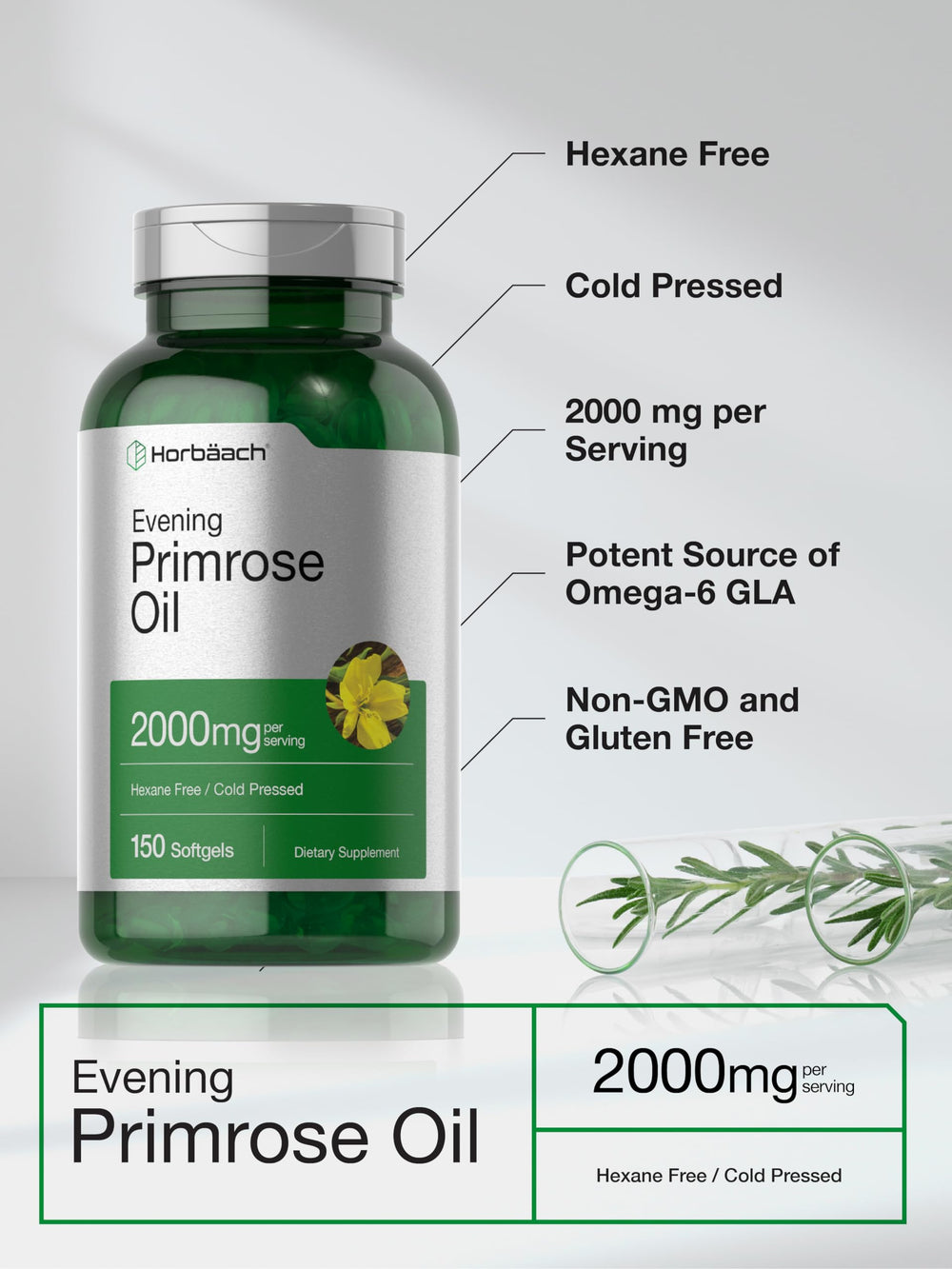 Hexane-free Horbäach primrose oil label on bottle