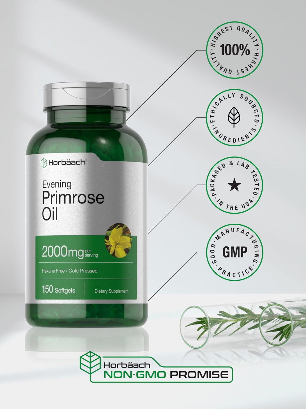 Lab-tested seal on Horbäach primrose oil softgels packaging