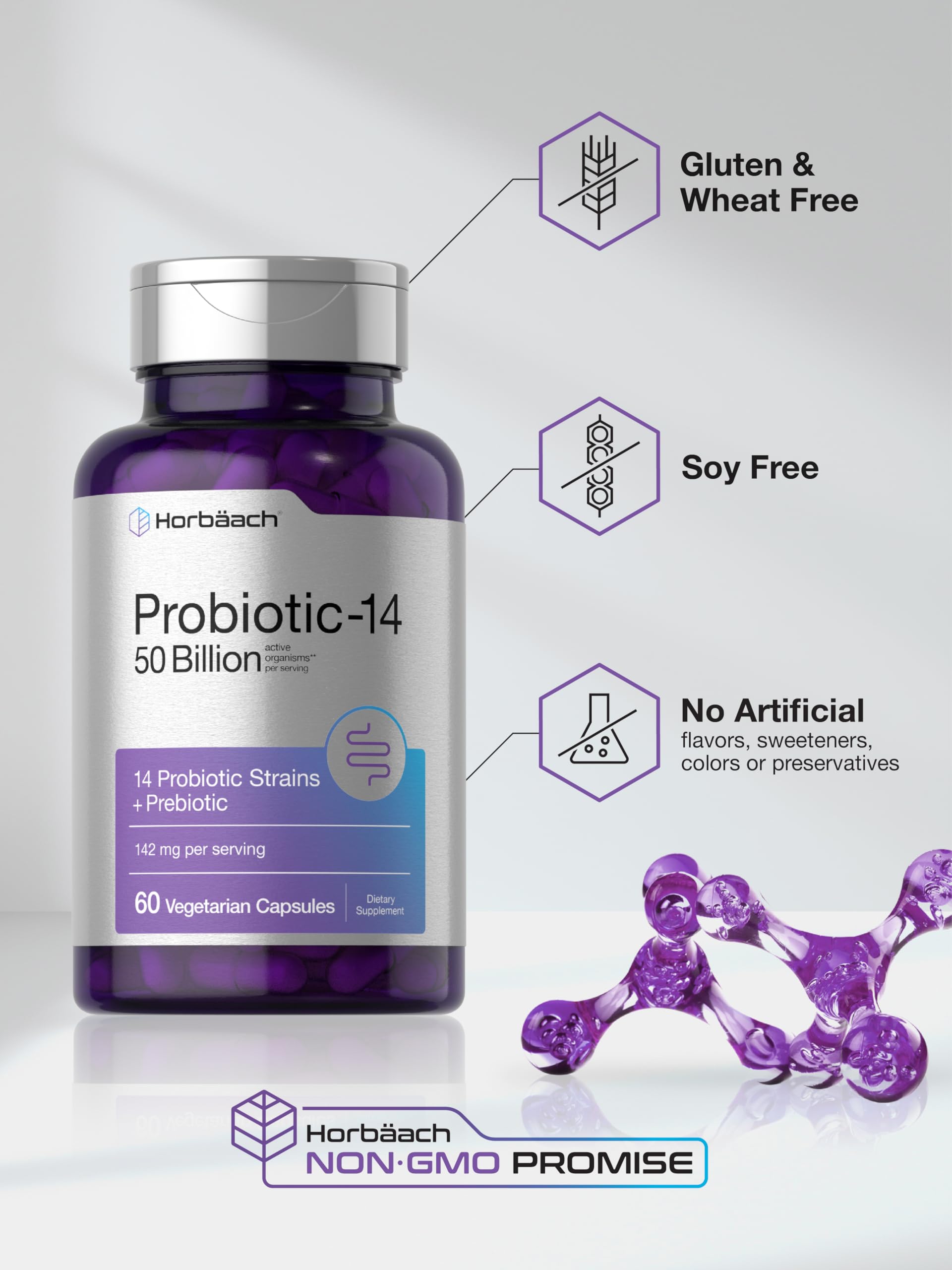 Horbaach Probiotics gluten-free and non-GMO seal for clean living