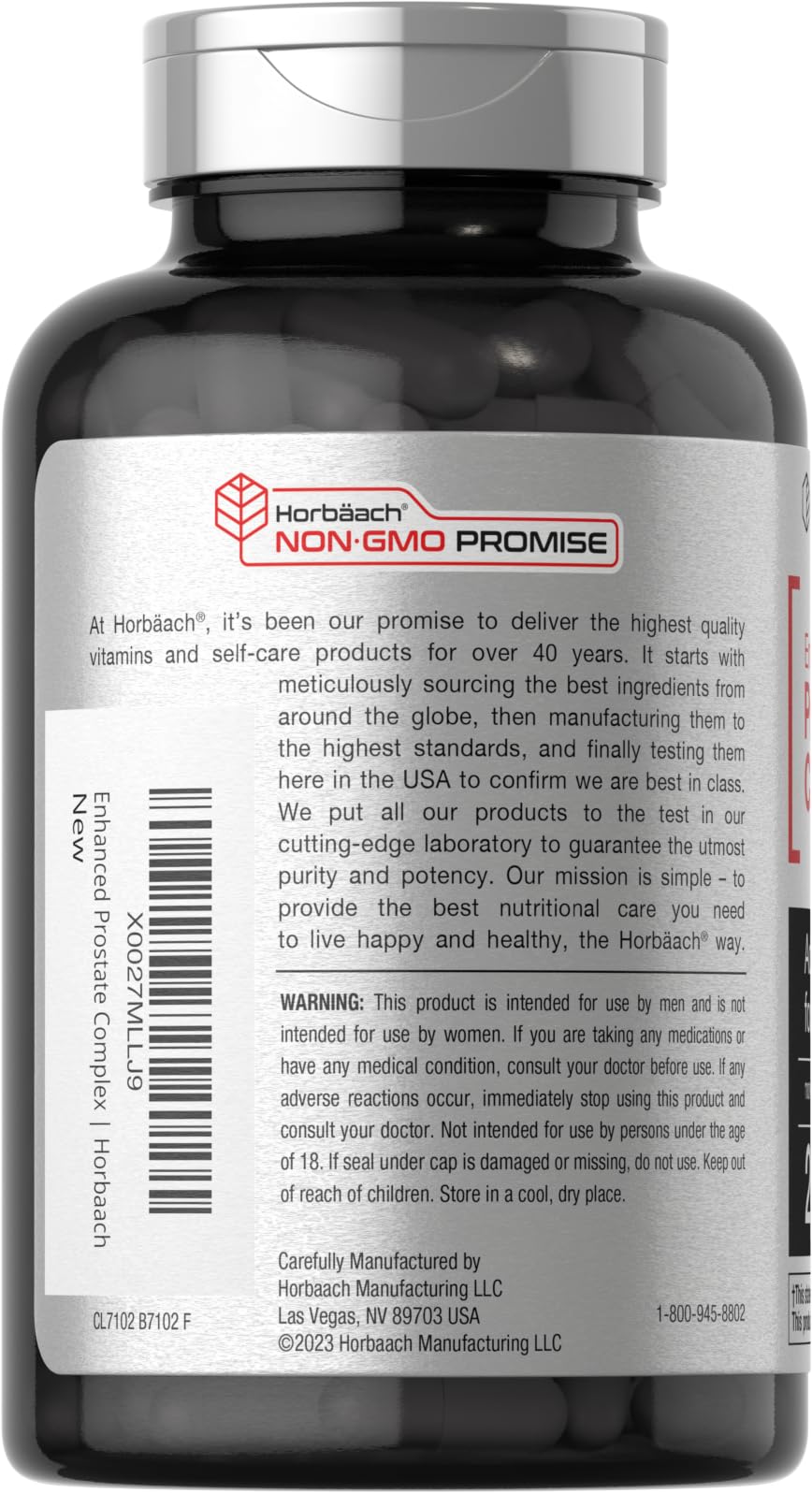 Horbaach Prostata etiqueta frontal: fácil identificación de ingredientes herbolarios clave.