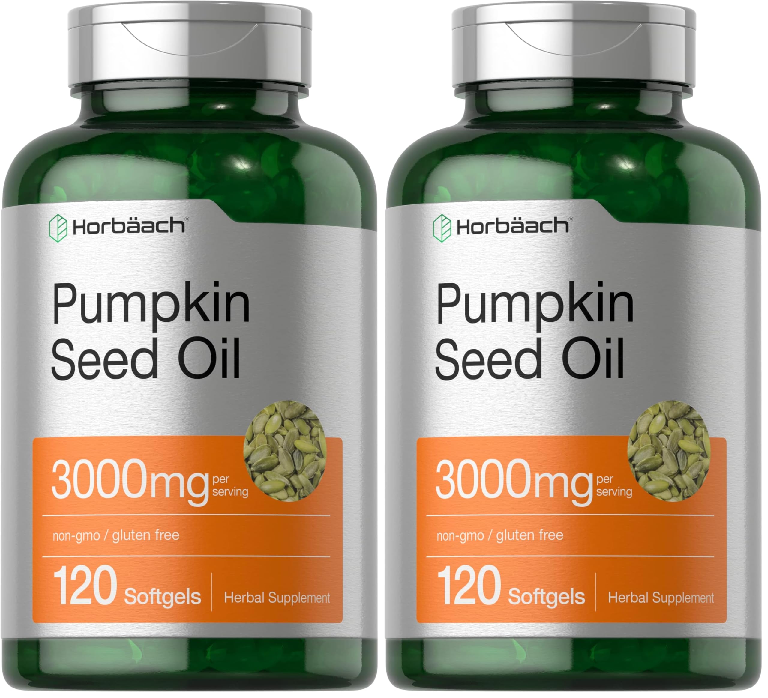 Horbäach pumpkin seed oil bottle front with high potency 3000 mg per serving
