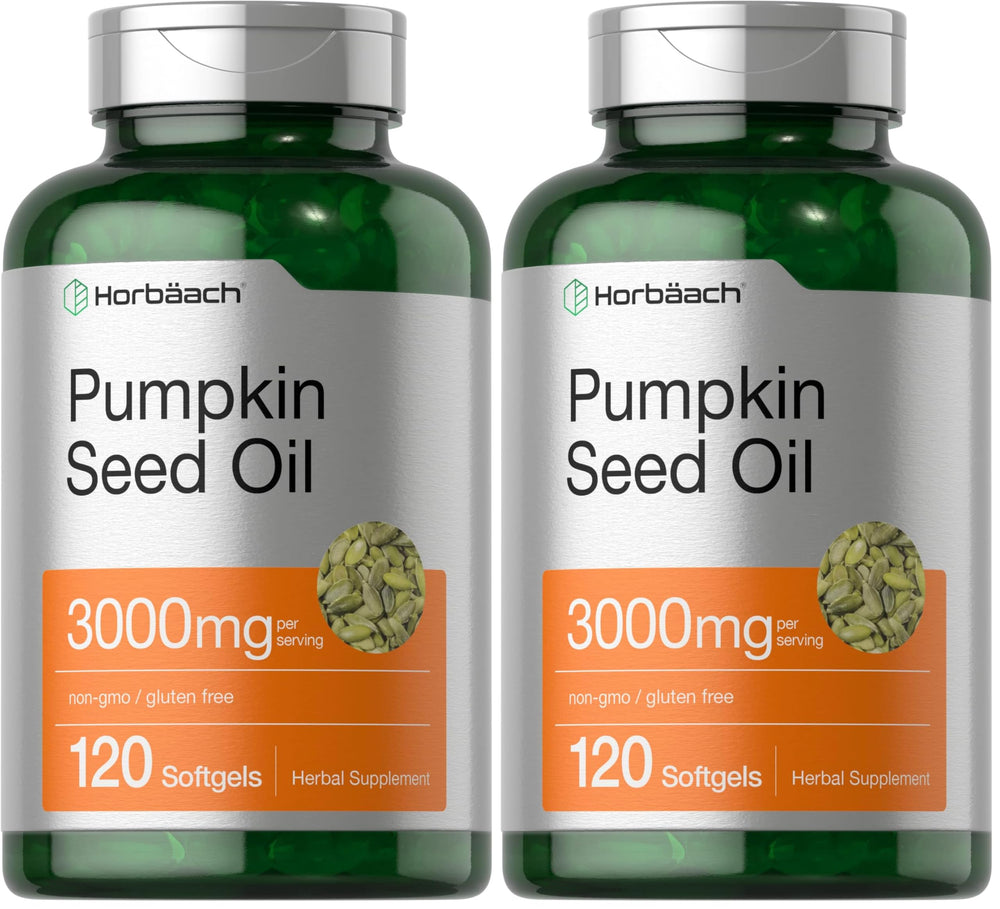Horbäach pumpkin seed oil bottle front with high potency 3000 mg per serving