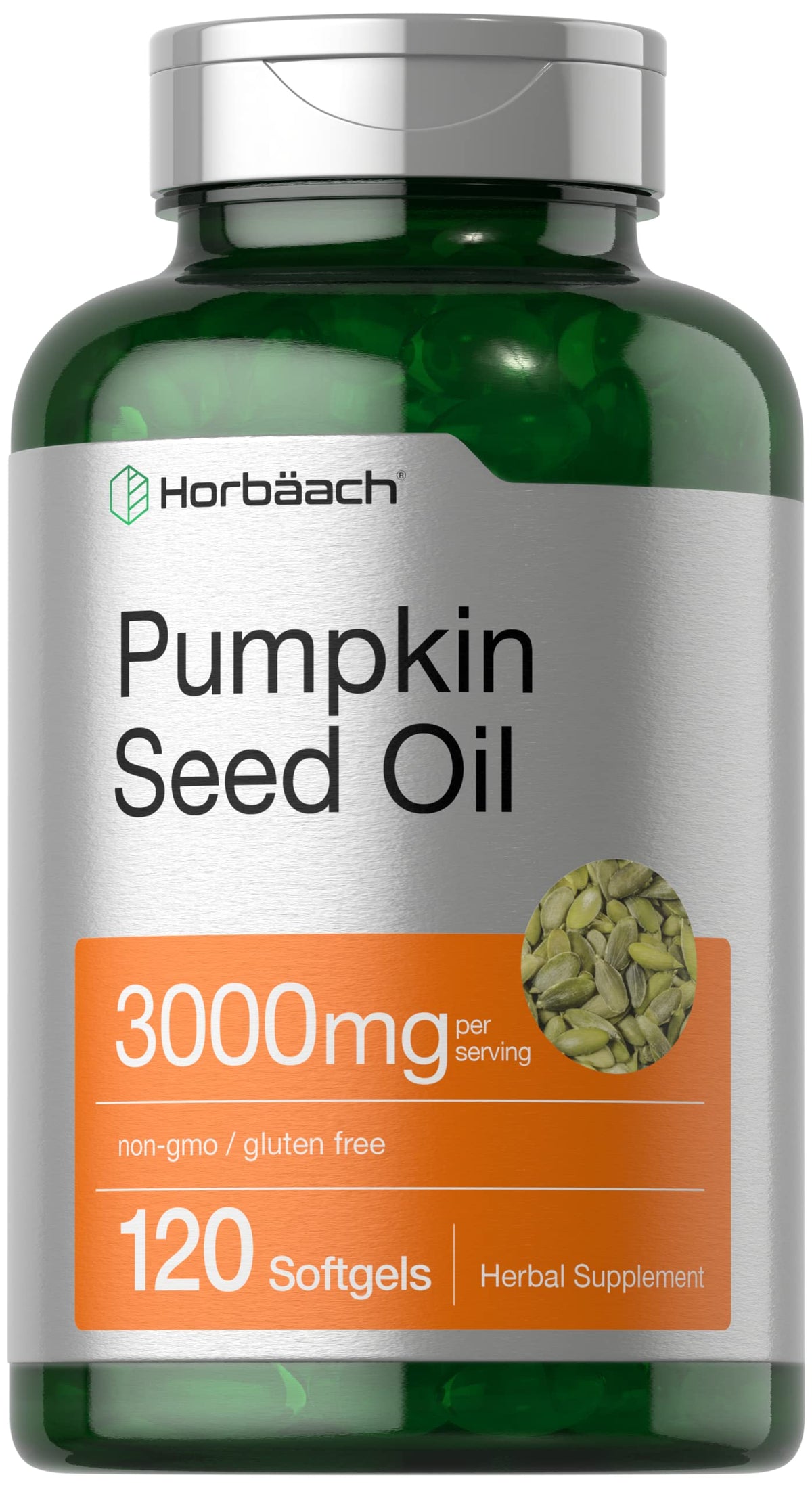 Horbäach Pumpkin Seed Oil bottle on white surface showing brand and potency