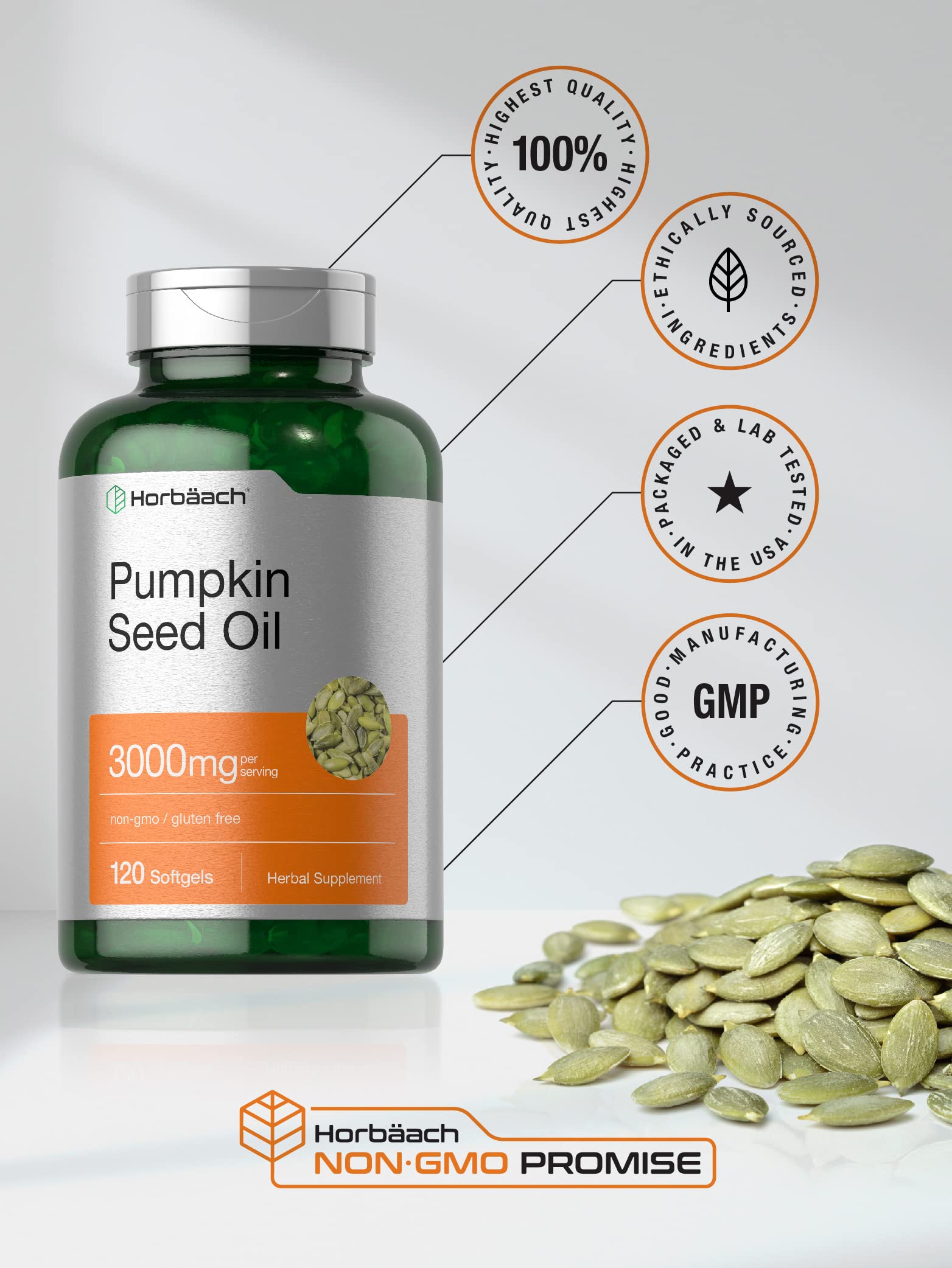 Horbäach pumpkin seed oil bottle on kitchen counter for daily use