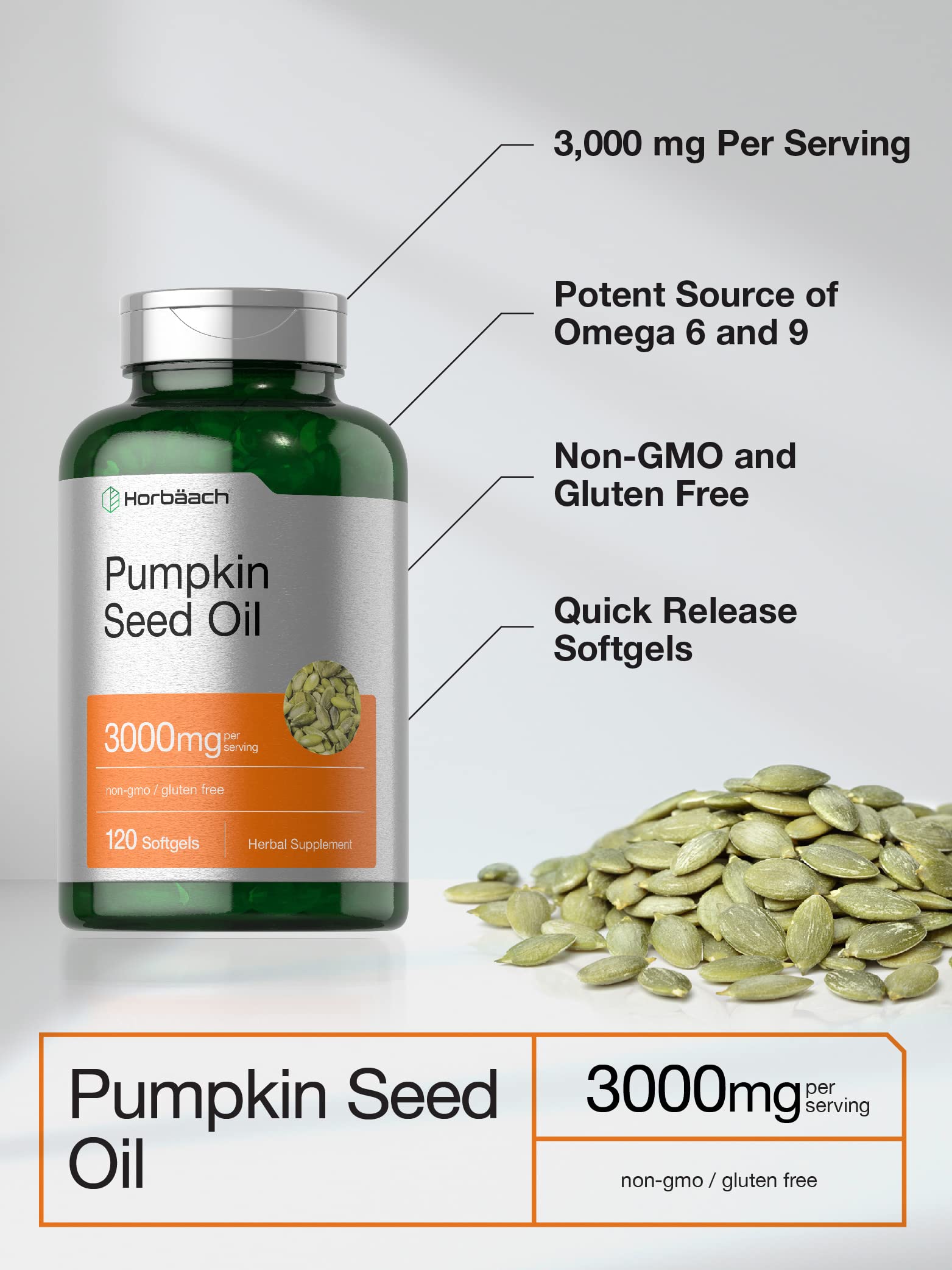 Horbäach pumpkin seed oil nutrition label showing ingredients and non-GMO status