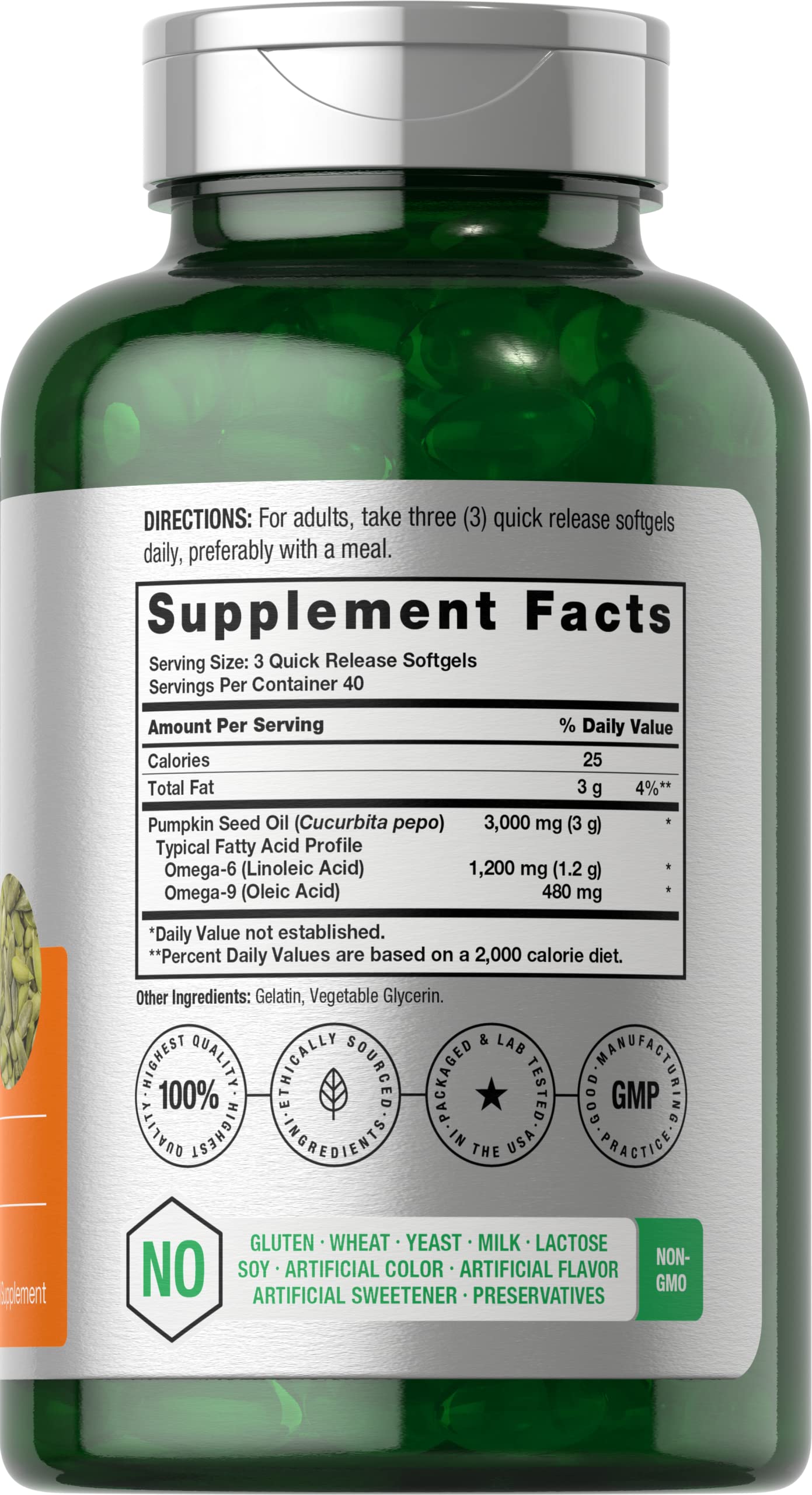 Horbäach pumpkin seed oil softgels close-up highlighting easy-to-swallow capsules