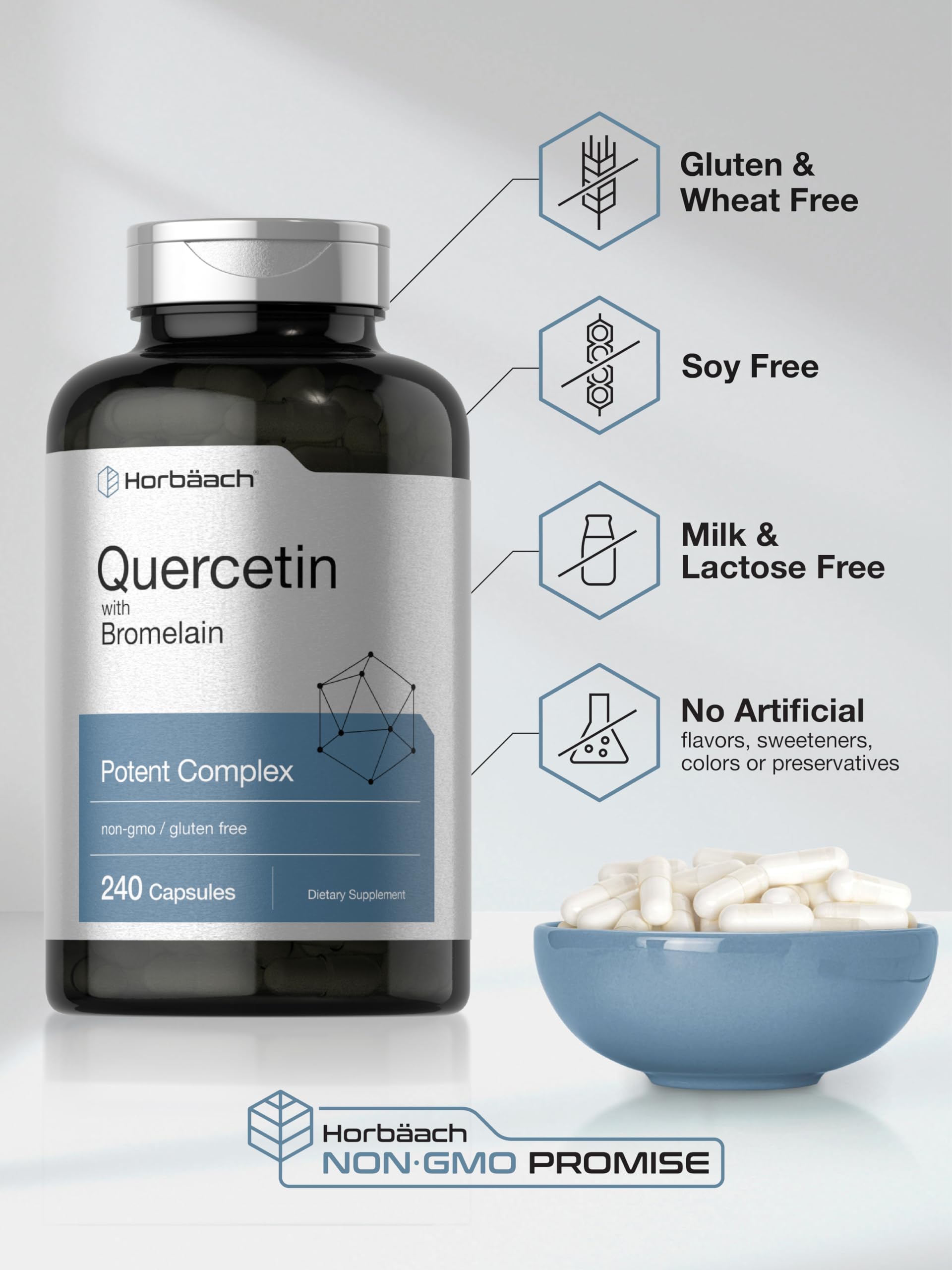 Horbaach Quercetin with Bromelain capsules pour for convenient daily use