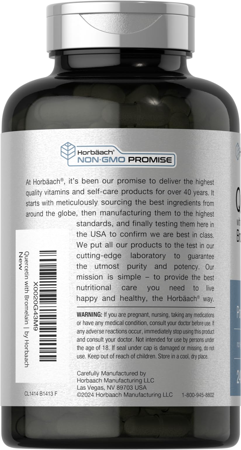 Horbaach Quercetin with Bromelain label details show gluten-free non-GMO ingredients