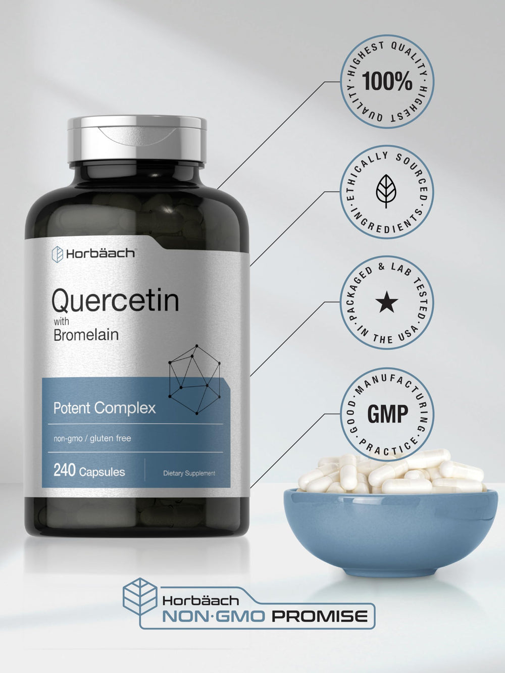 Horbaach Quercetin with Bromelain packaging box emphasizes quality and purity