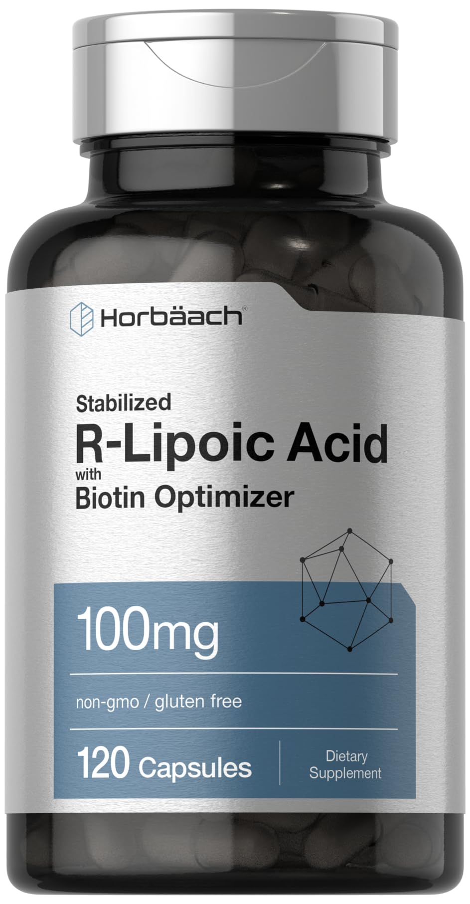 Horbaach R-Lipoic Acid bottle front shows daily antioxidant support