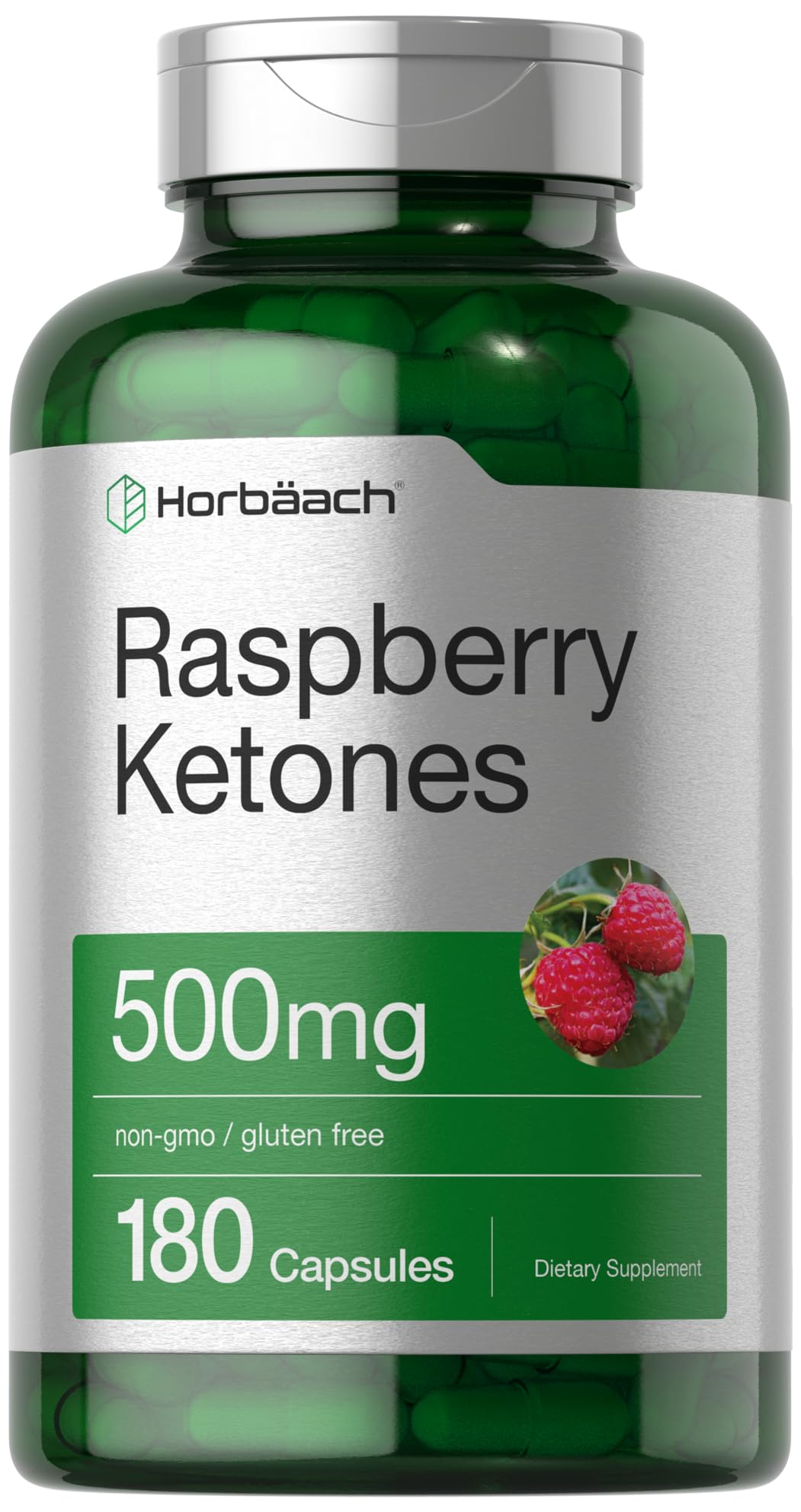 Horbäach Raspberry Ketones bottle-front view showing 500 mg per serving