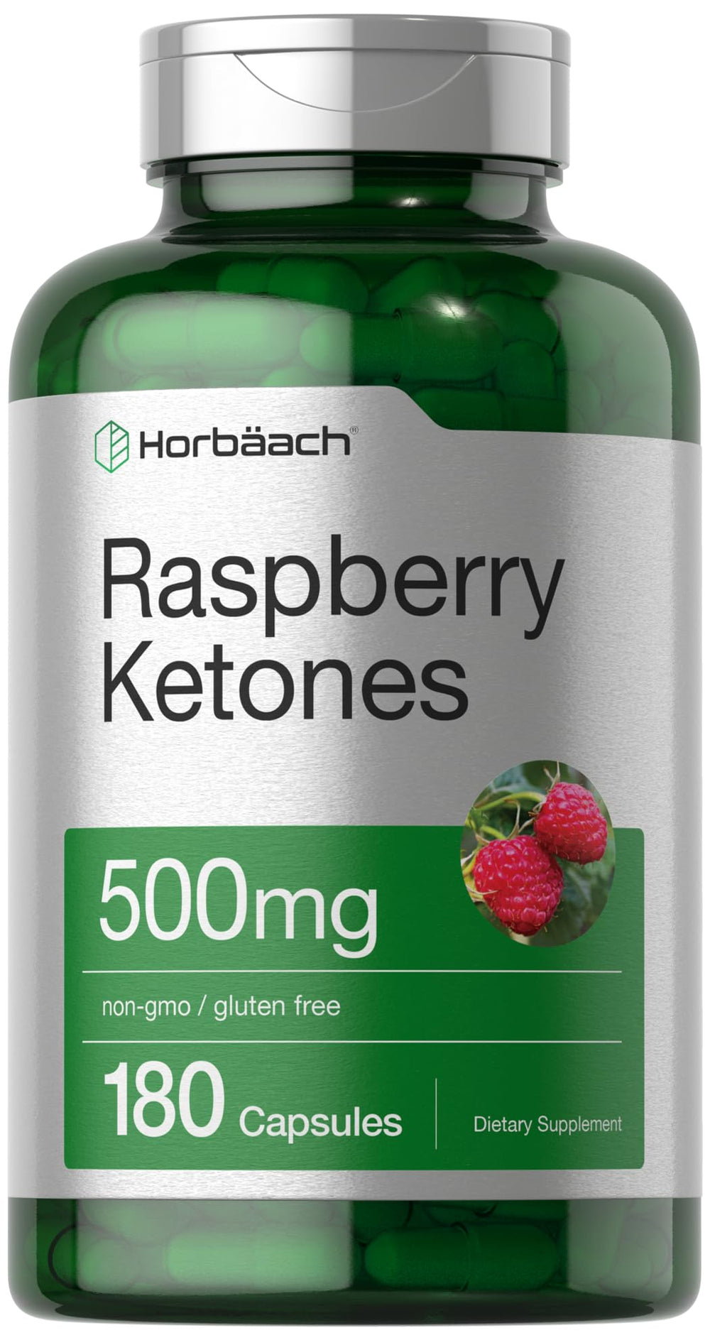 Horbäach Raspberry Ketones bottle-front view showing 500 mg per serving