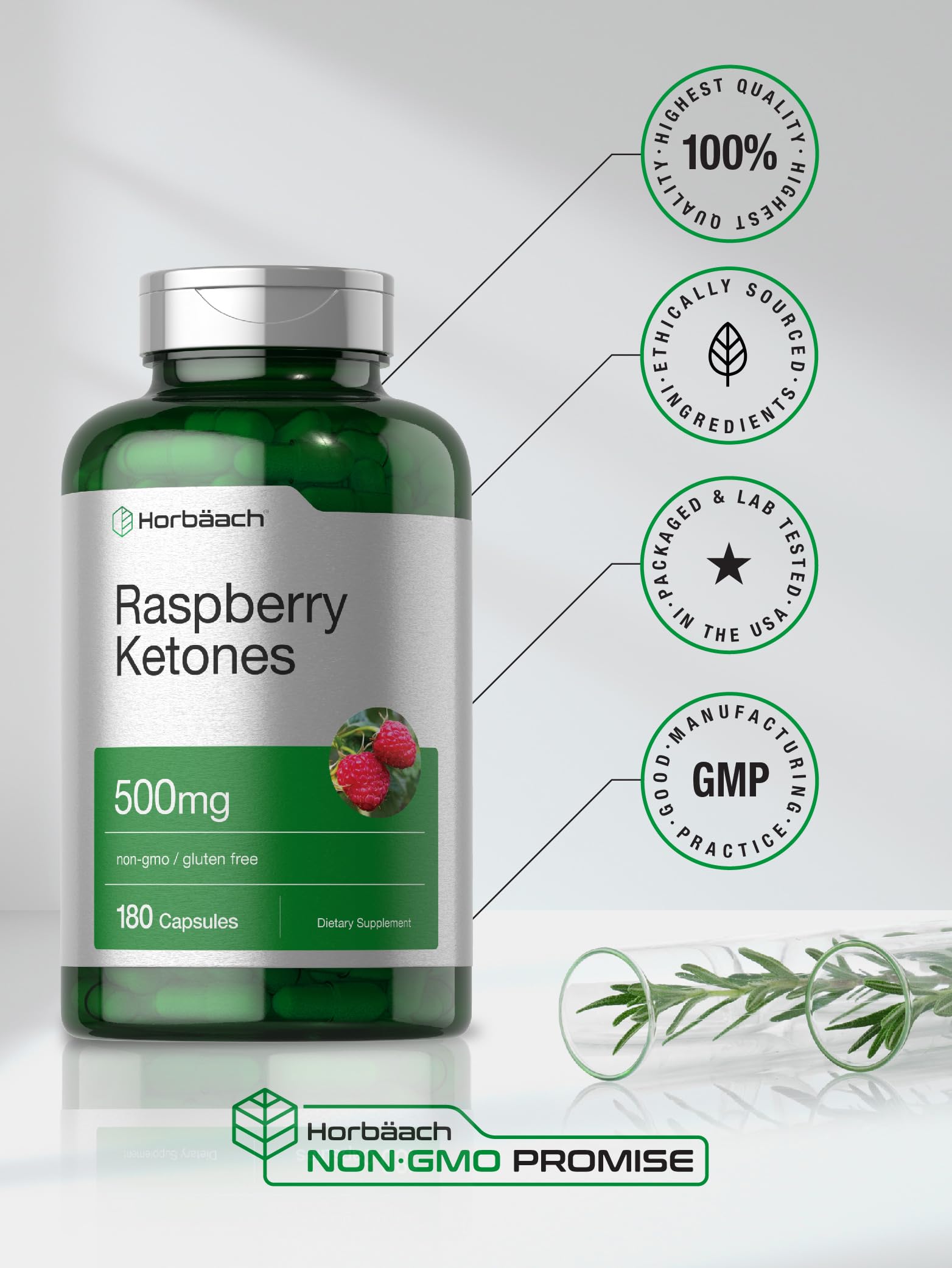 Horbäach Raspberry Ketones capsules with glass of water for daily intake