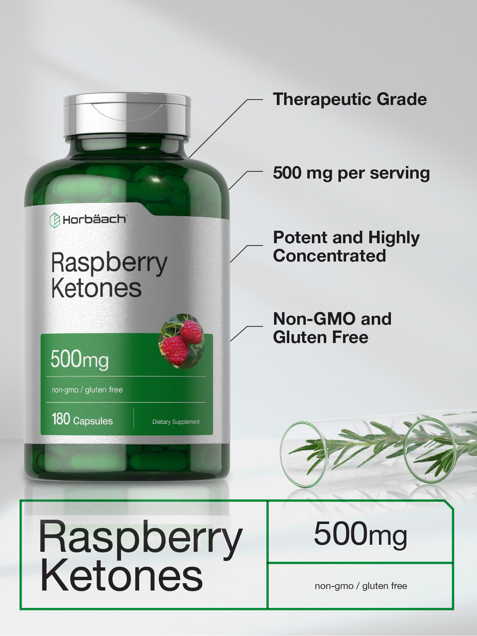 Horbäach Raspberry Ketones label-detail highlighting non-GMO and gluten-free