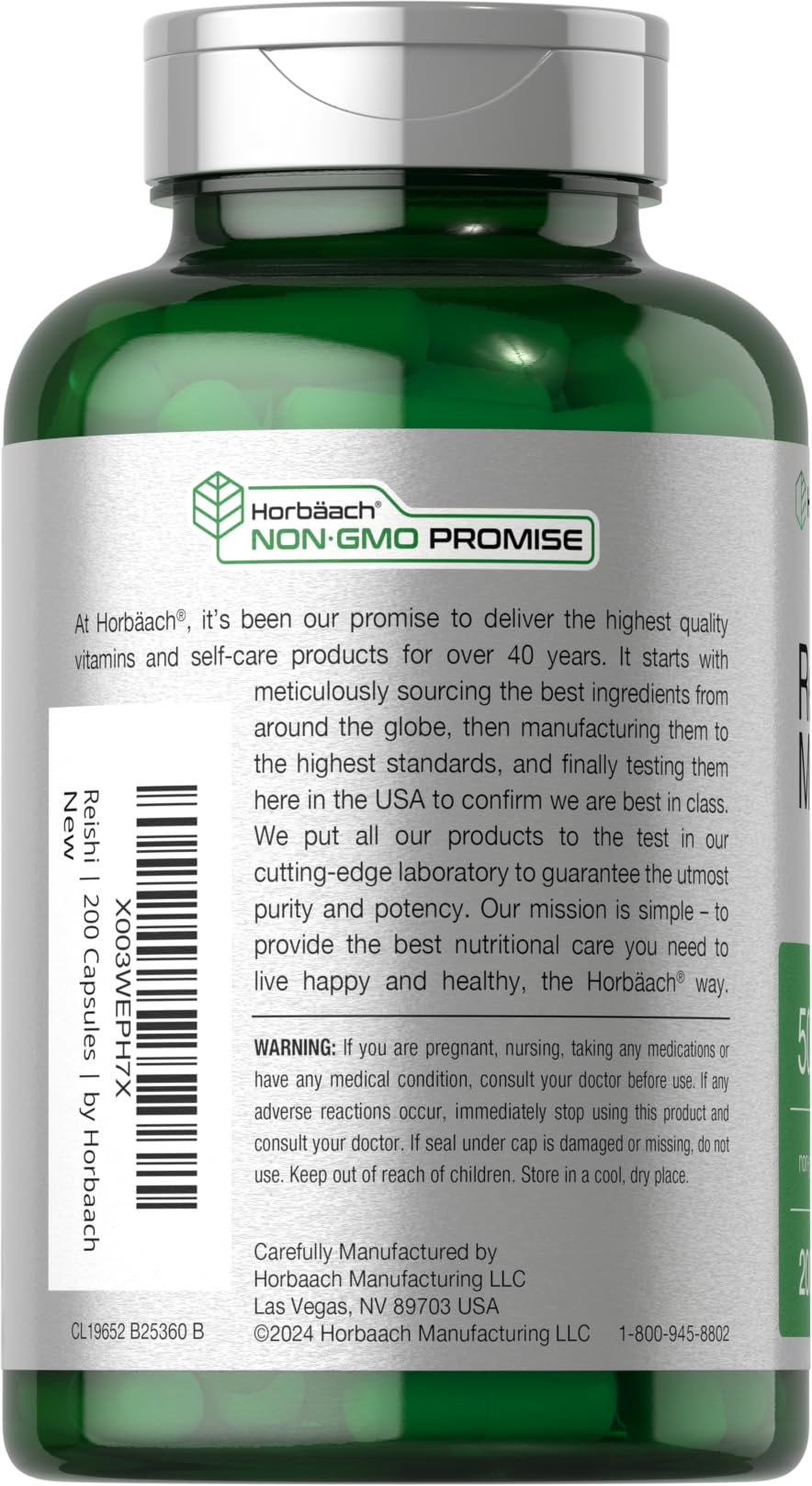 Horbäach Reishi bottle side view highlights gluten-free and non-GMO formula