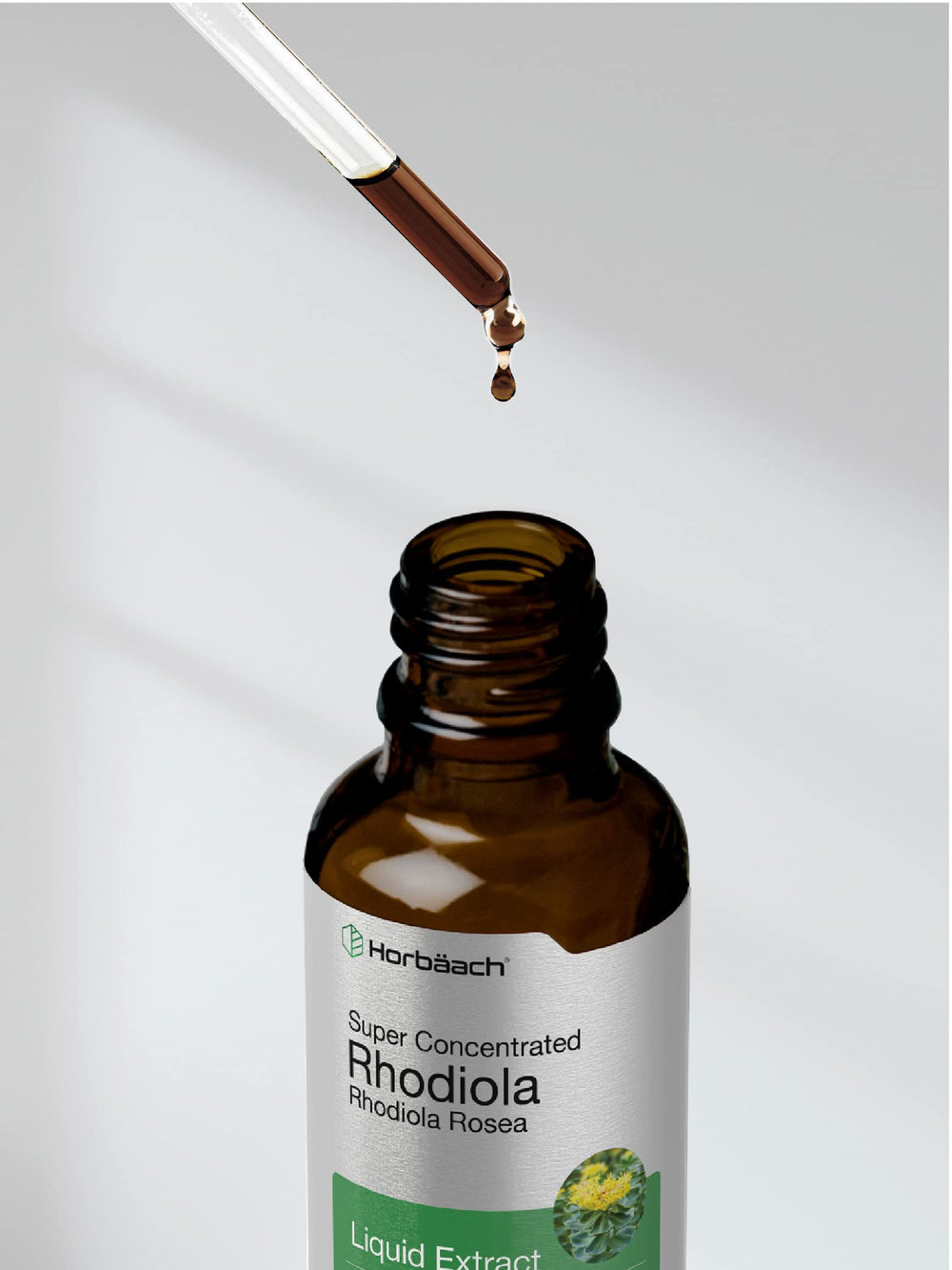 Ingredients panel highlights gluten-free, non-GMO Horbäach Rhodiola Rosea tincture.