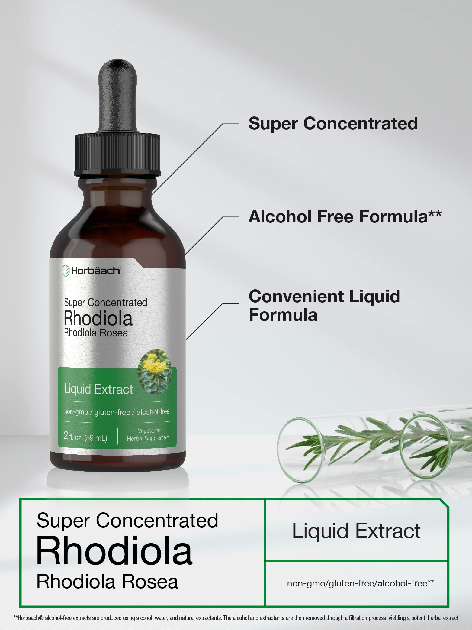 Label detail shows alcohol-free Horbäach Rhodiola Rosea tincture.