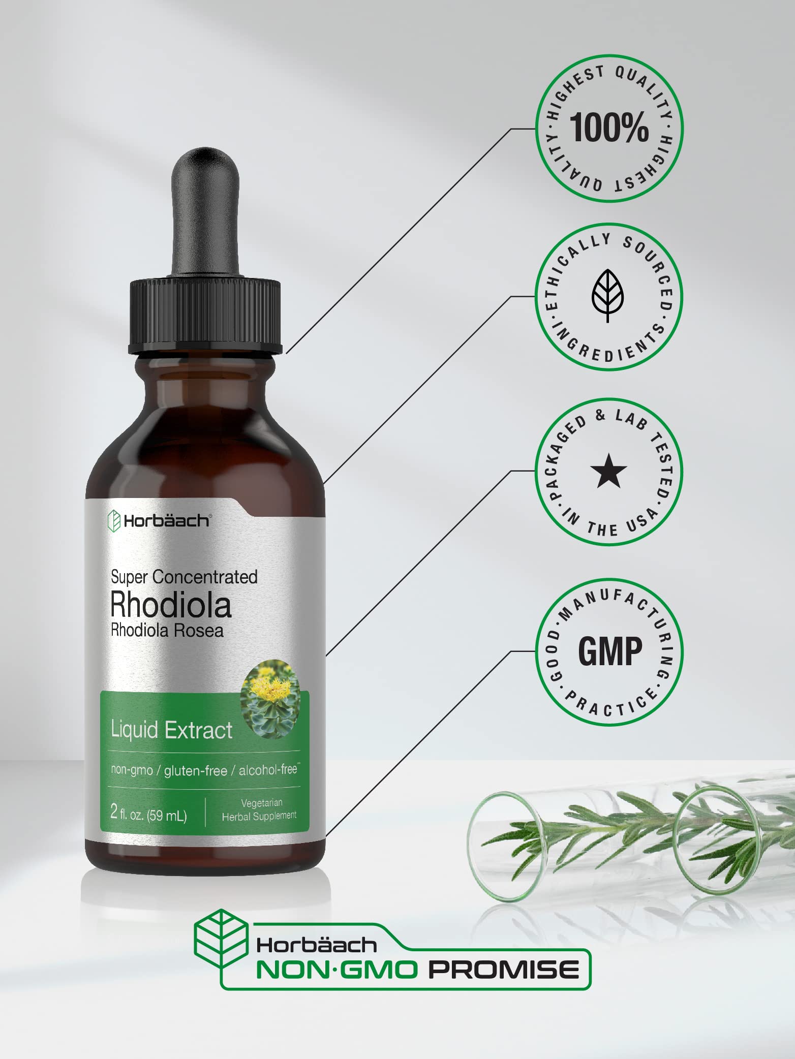 Front packaging of Horbäach Rhodiola Rosea tincture.