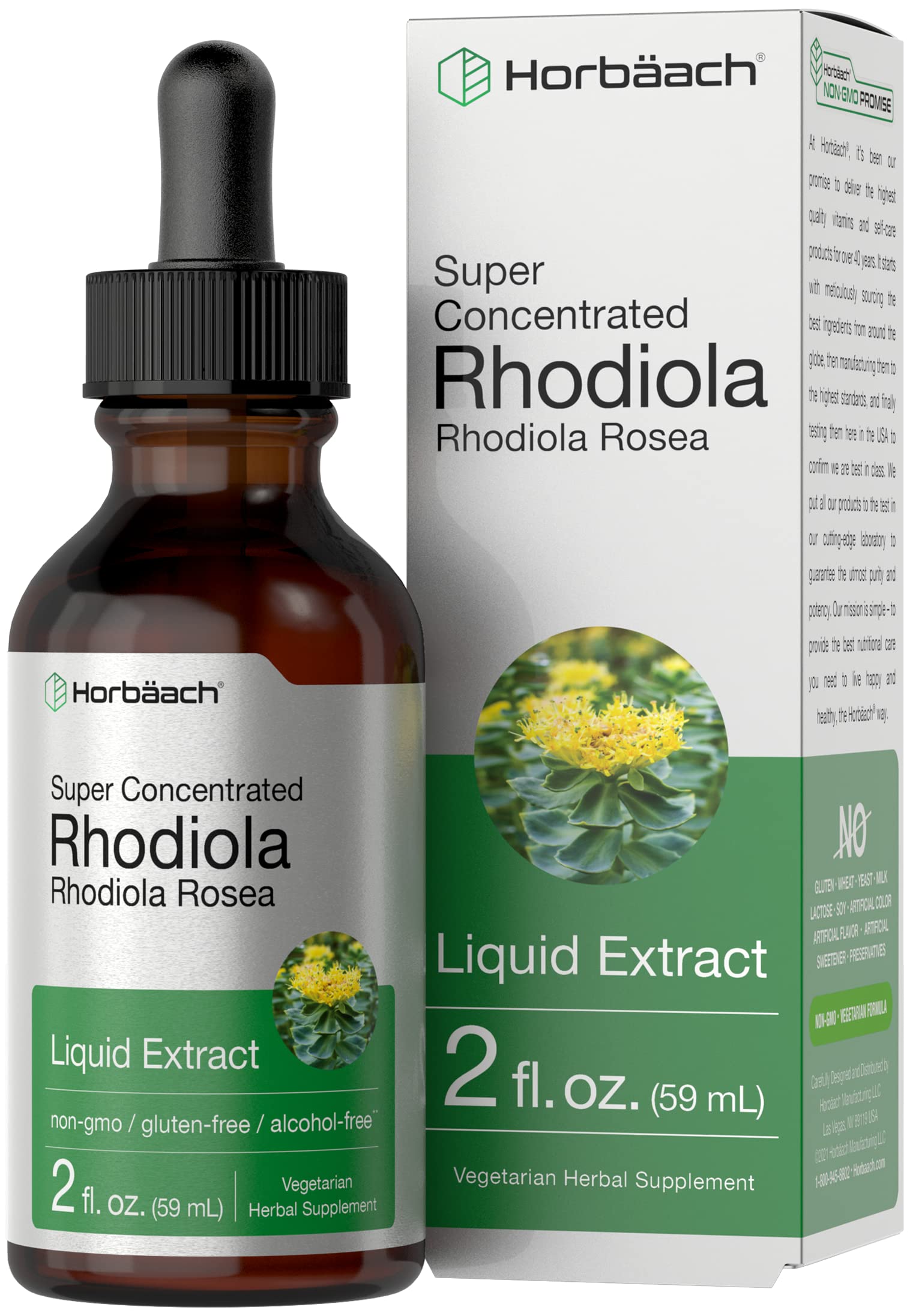Horbäach Rhodiola Rosea tincture bottle supports daily energy.