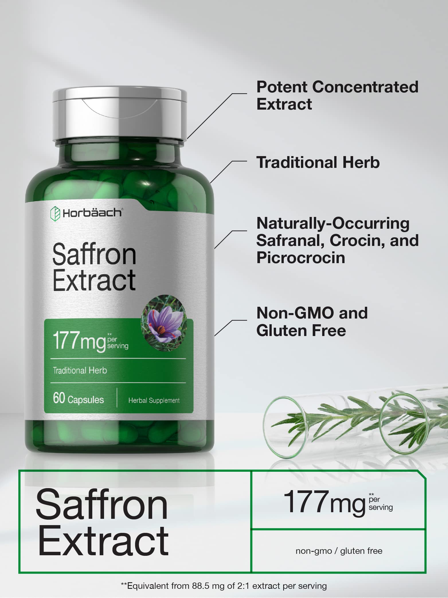 Horbäach Saffron Extract Capsules label front shows ingredient details