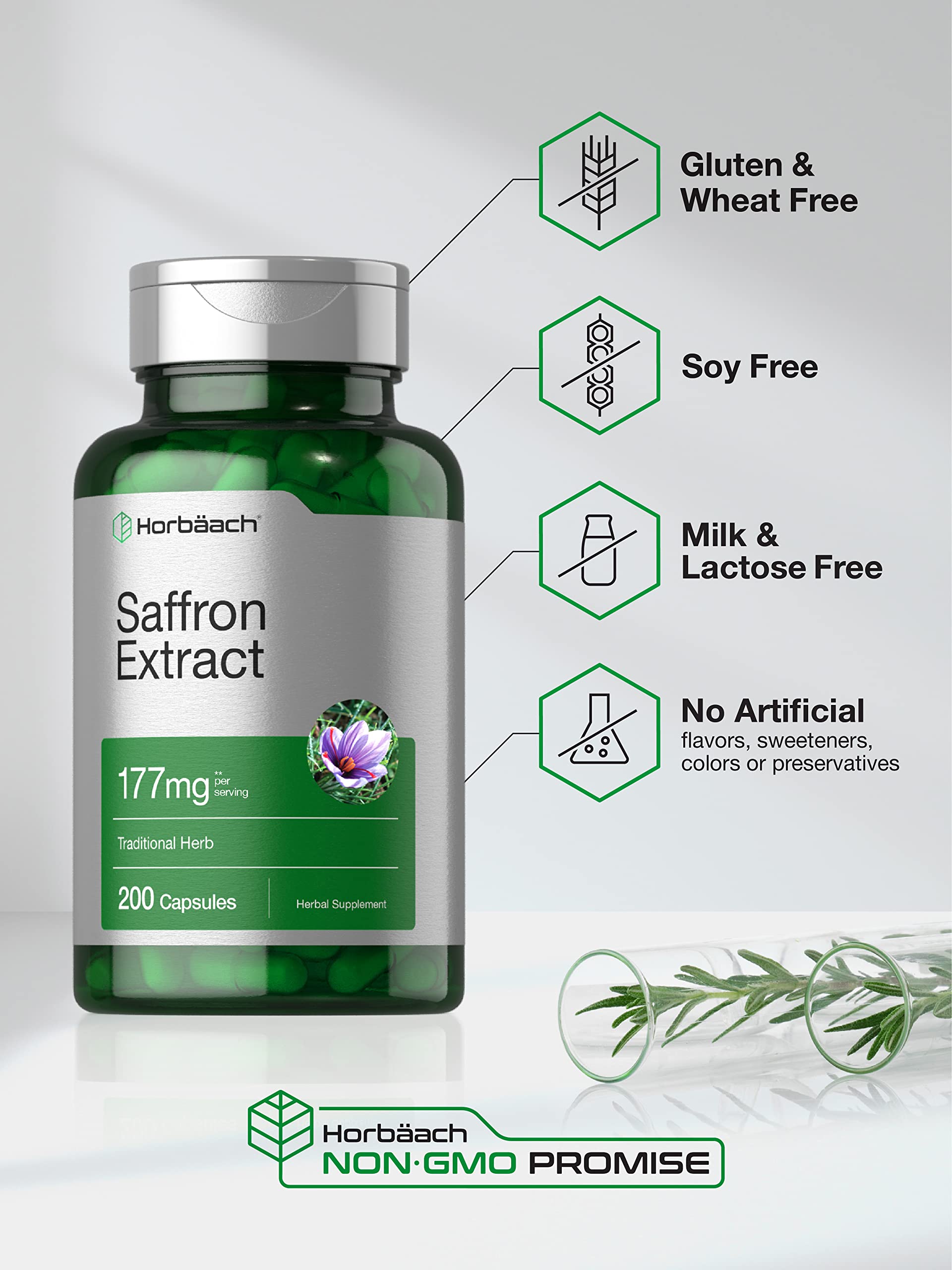 Horbäach Saffron Extract box highlights gluten-free and non-GMO badges