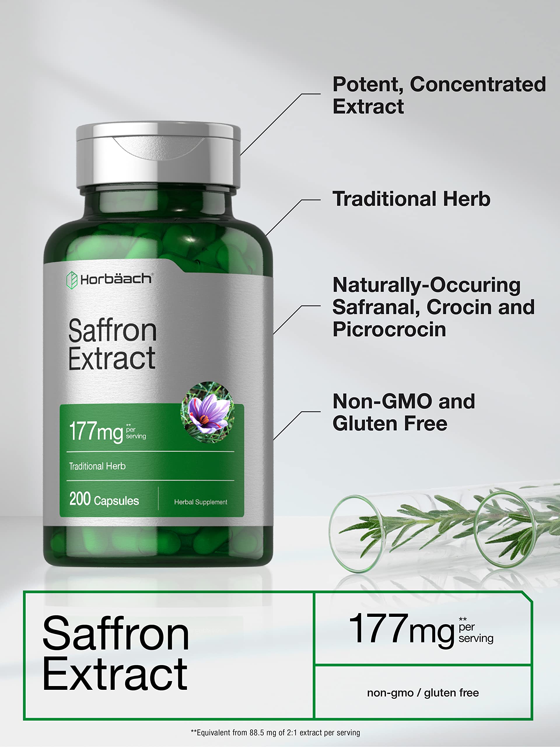 Horbäach Saffron Extract label packaging emphasizes potency