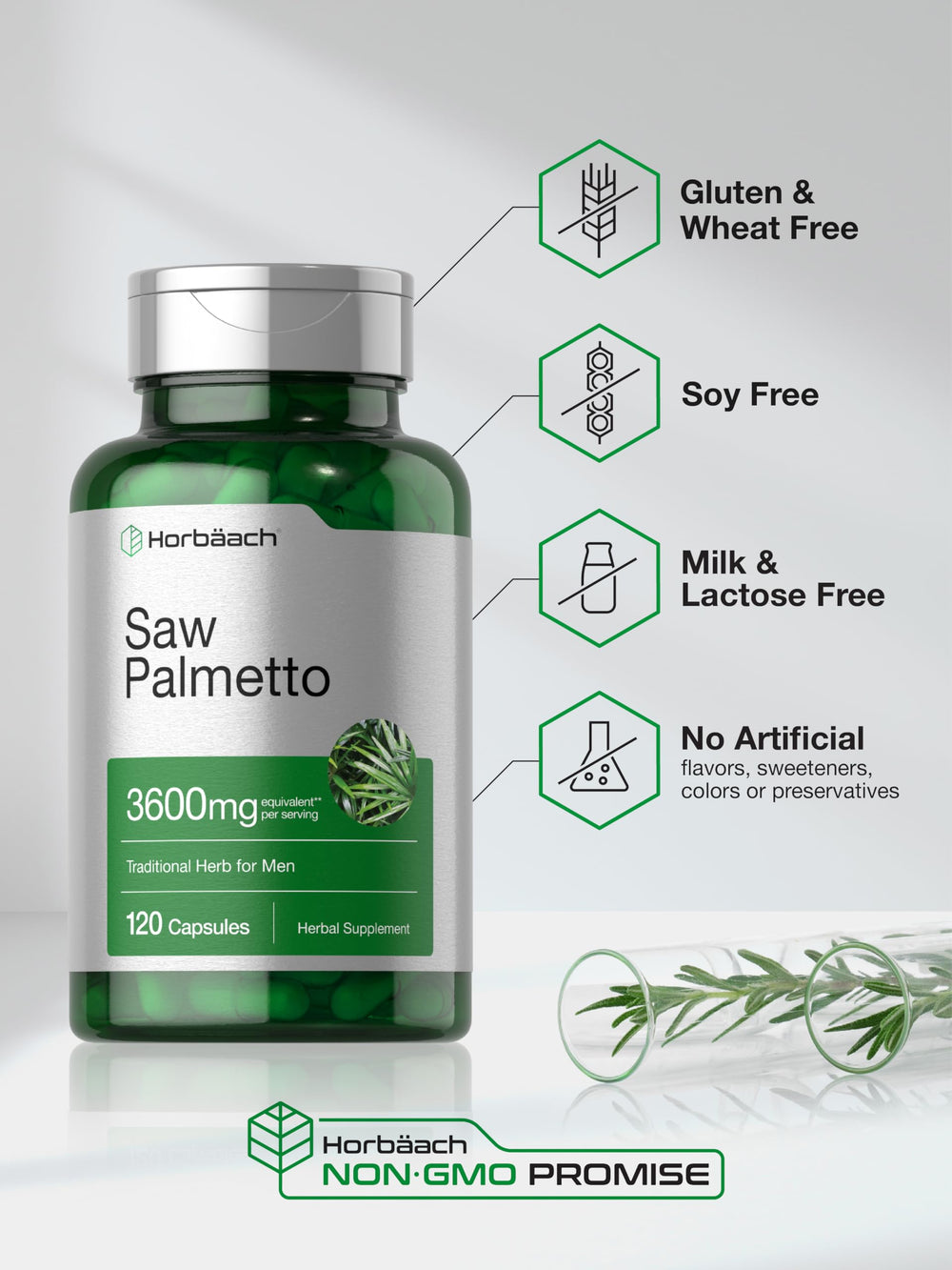 Horbäach Saw Palmetto Berries showing plant-based ingredients.