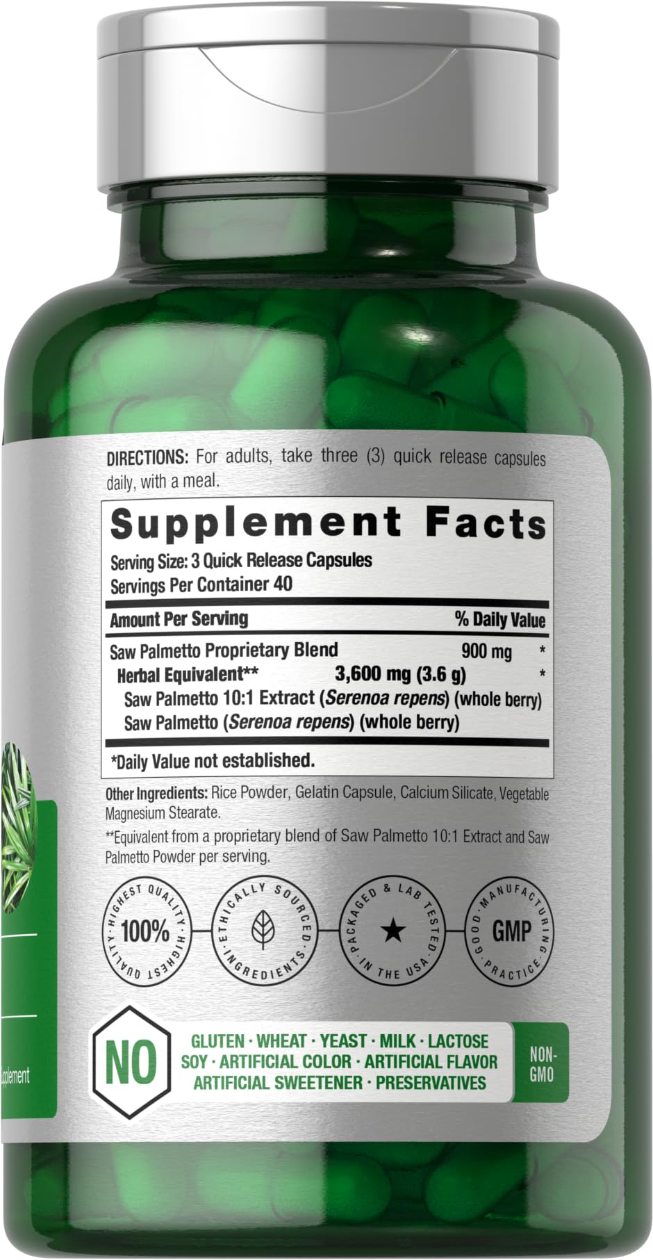 Horbäach Saw Palmetto Extract bottle back label with ingredients.