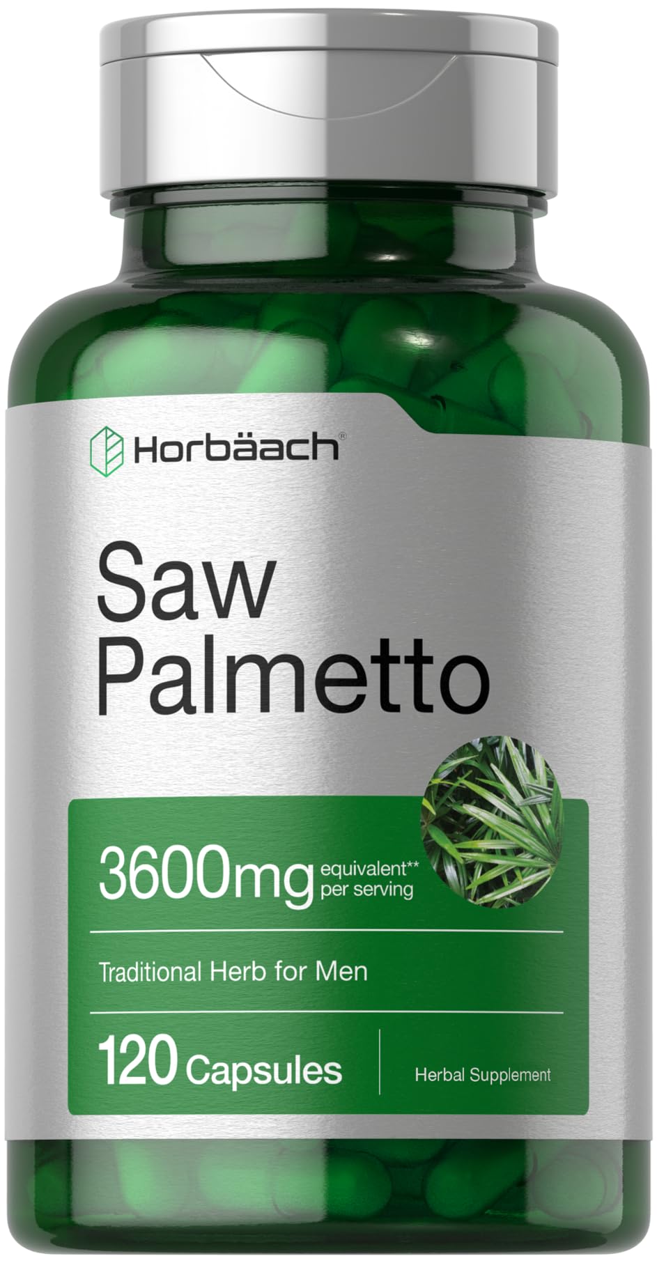 Horbäach Saw Palmetto Extract bottle front shows full-spectrum formula.