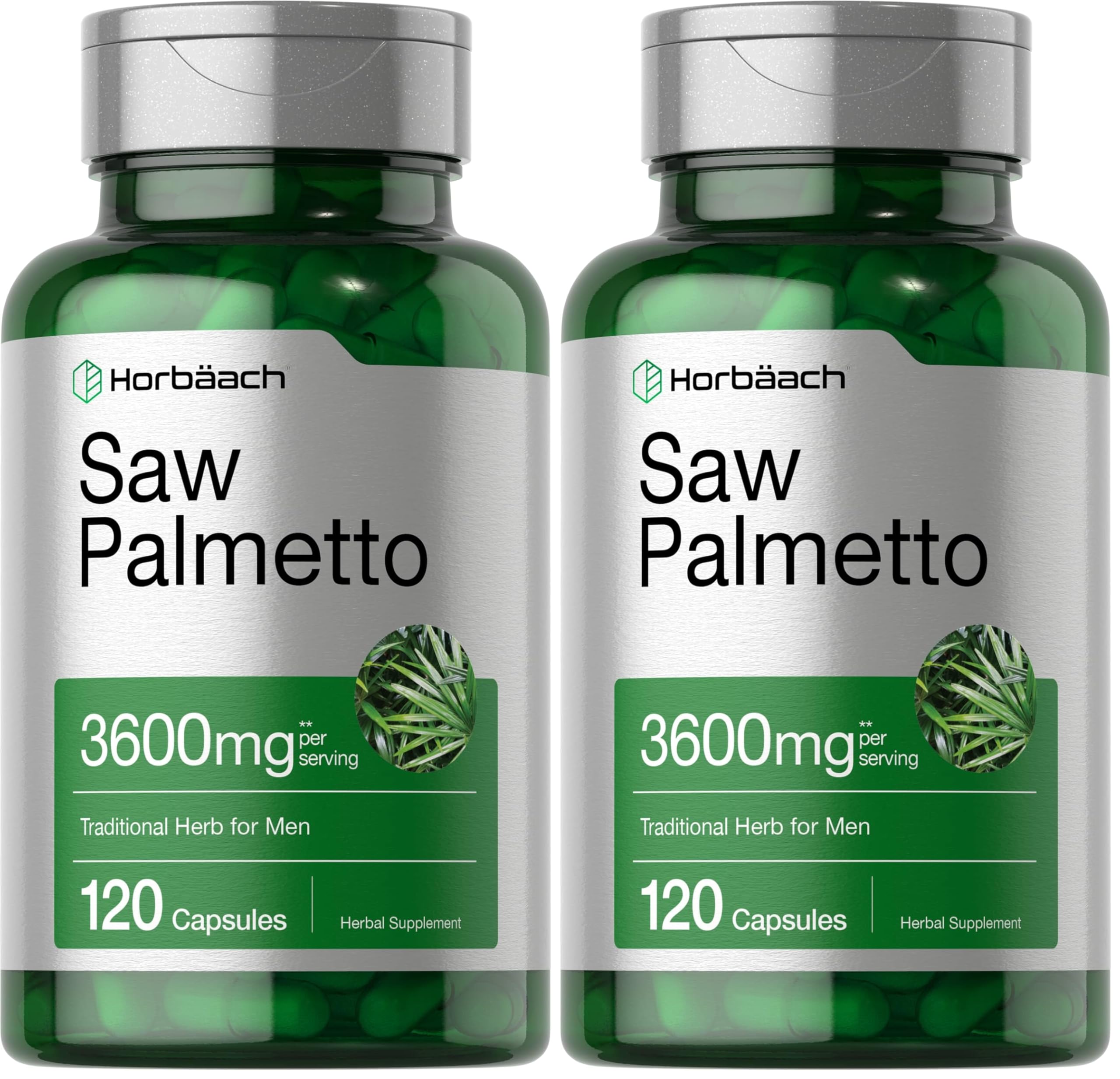 Horbäach Saw Palmetto Extract bottle with easy-to-swallow capsules for daily use.