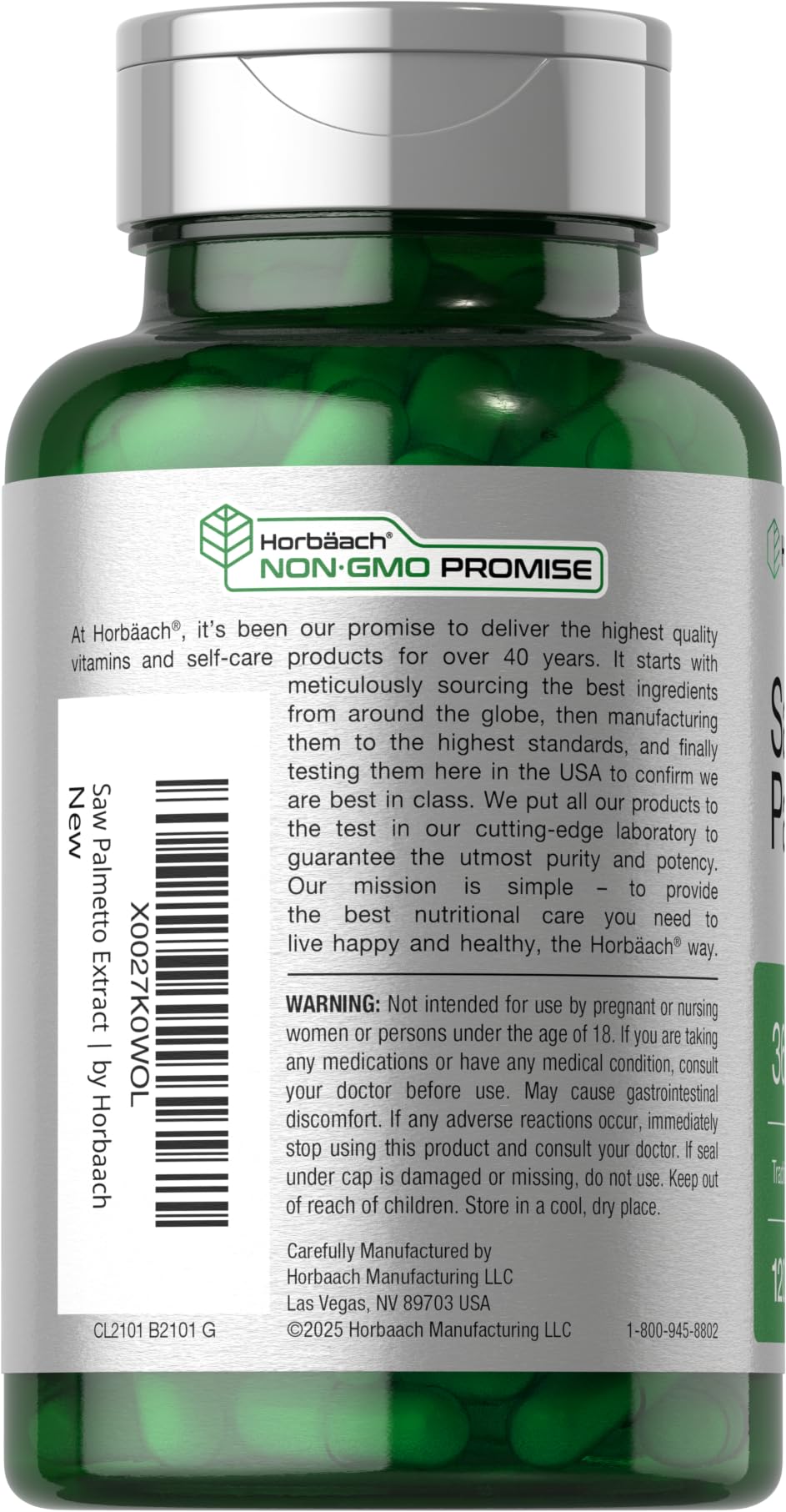 Horbäach Saw Palmetto Extract capsules closeup with quick-release design.