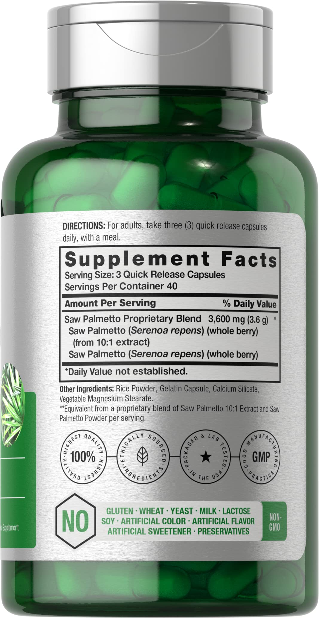 Close-up of Horbäach Saw Palmetto Extract capsules ready to take.