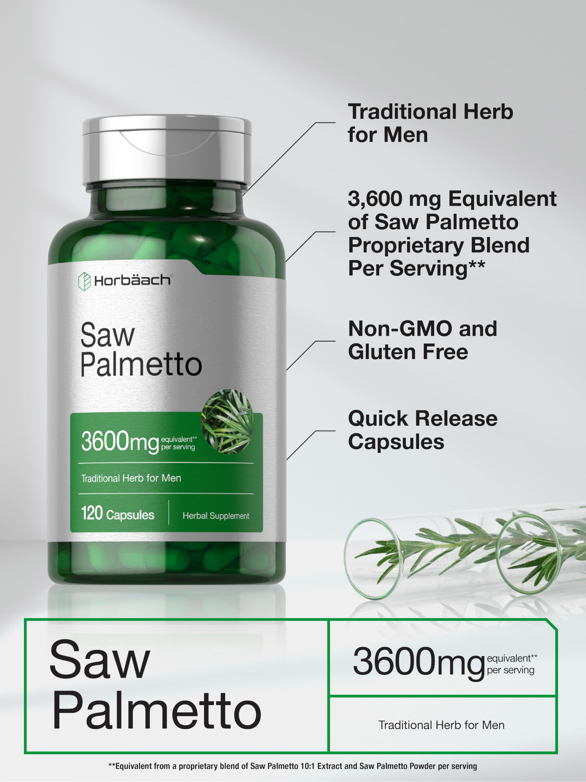 Horbäach Saw Palmetto Extract gluten-free packaging claim.