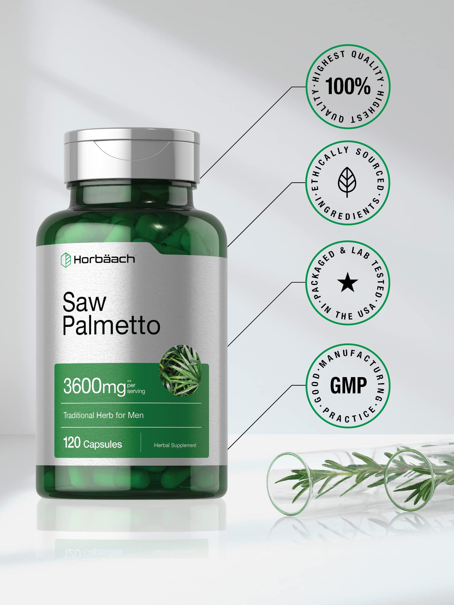 Non-GMO label visible on Horbäach Saw Palmetto Extract bottle.