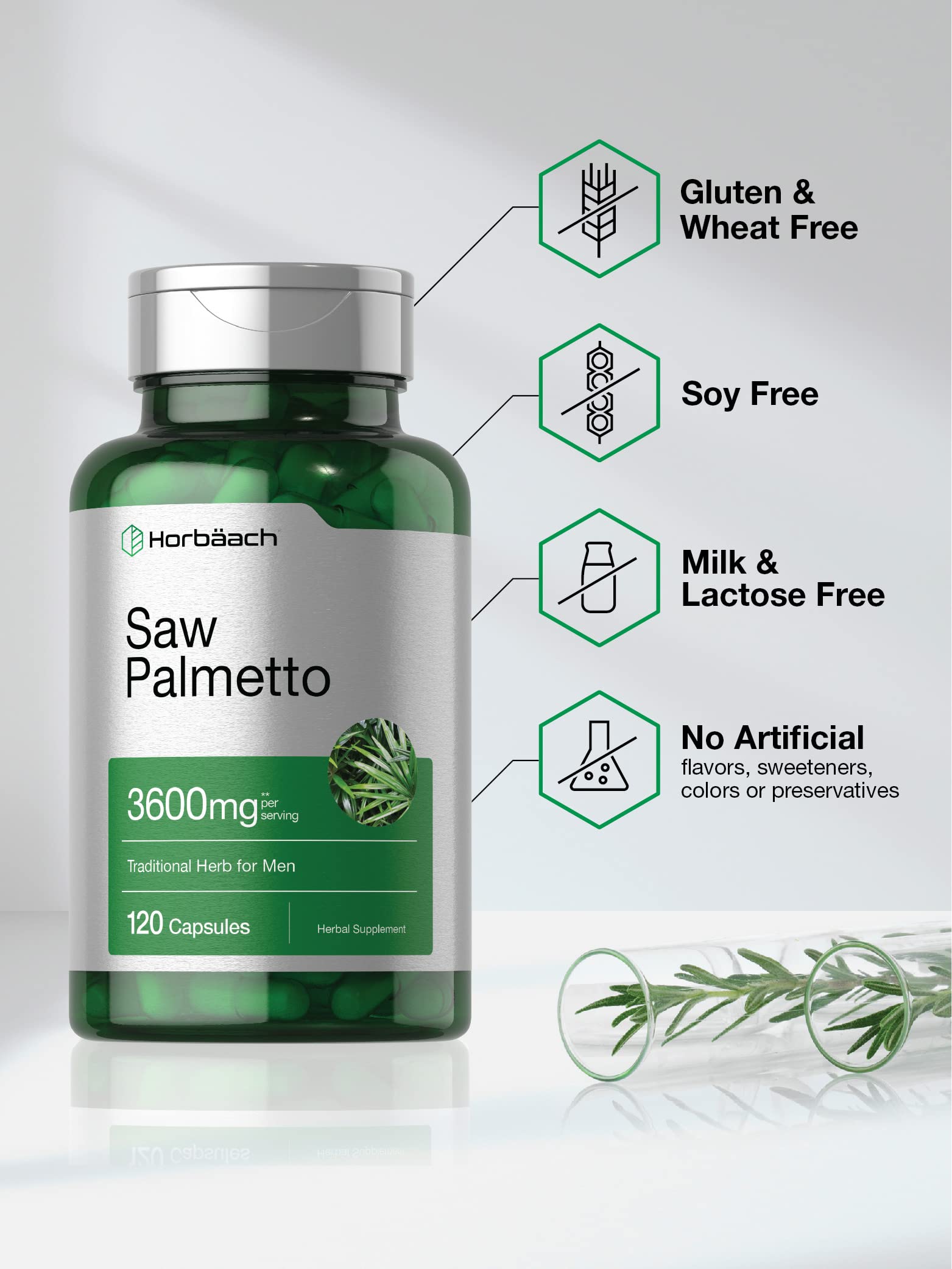 Packaging image for Horbäach Saw Palmetto Extract showing full-spectrum formula.