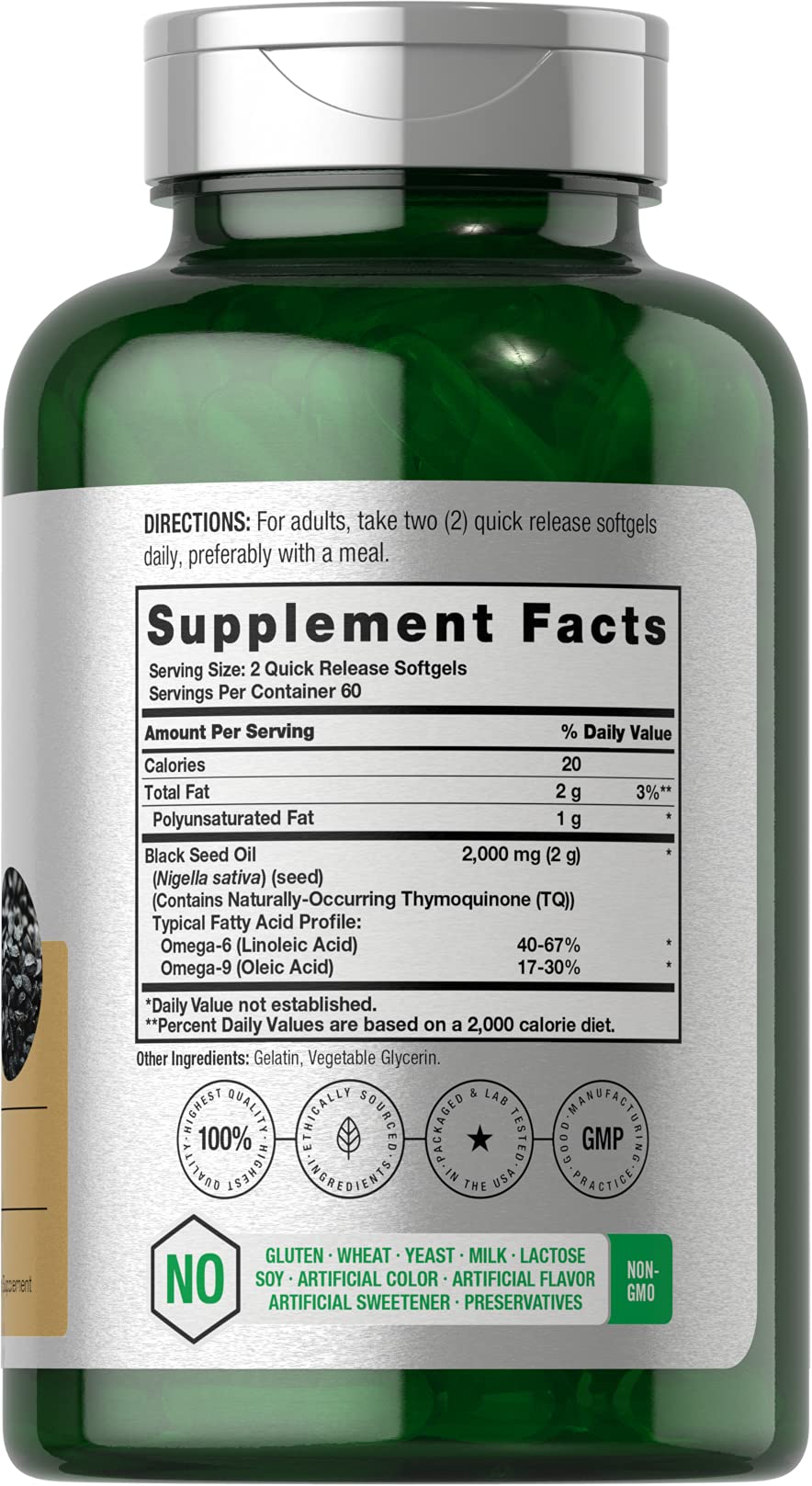 Close-up de Horbaach softgels de aceite de semilla negra.