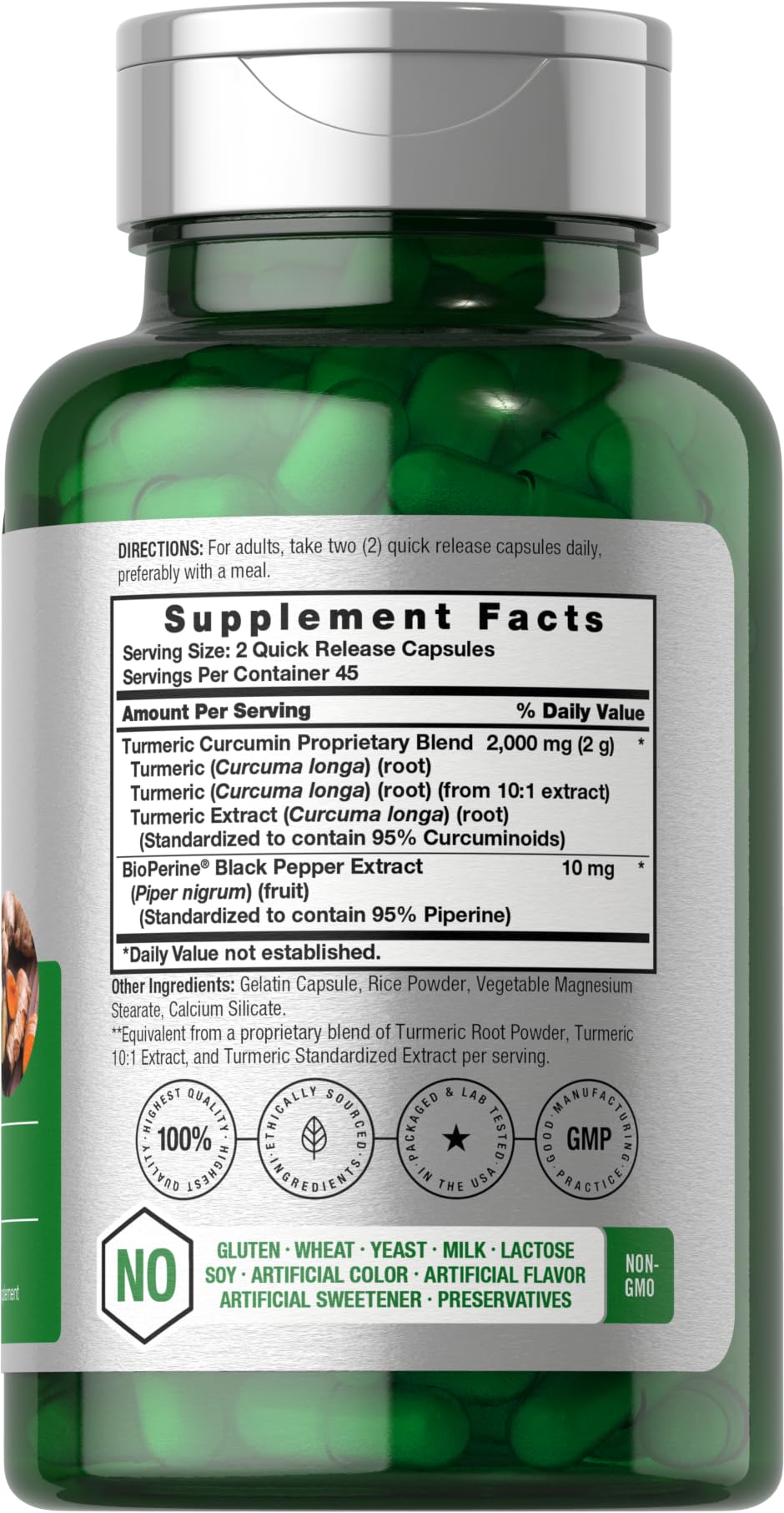 Horbäach Turmeric Curcumin bottle label showing ingredients and non-GMO claim