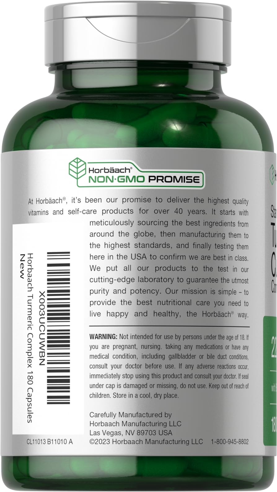 Horbäach Turmeric Curcumin Black Pepper Extract close-up on cap suggests enhanced absorption.