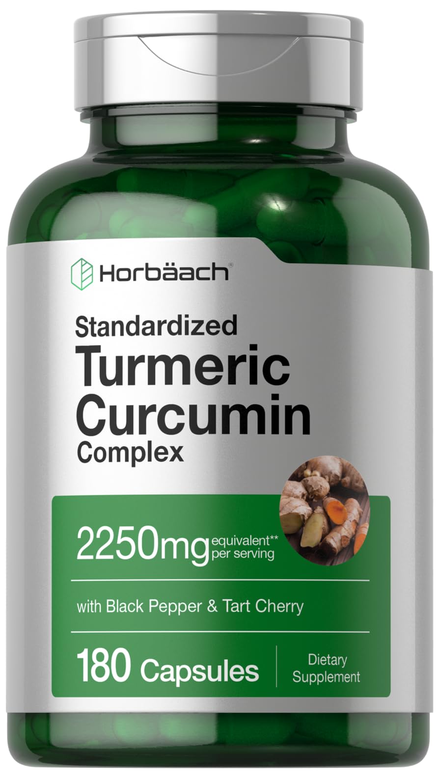 Horbäach Turmeric Curcumin bottle front for daily wellness support.