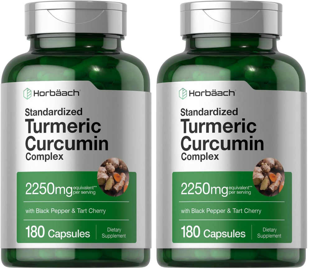Horbäach Turmeric Curcumin bottle front shows 180 capsules for daily wellness.