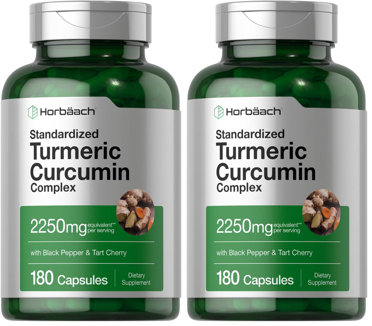 Horbäach Turmeric Curcumin bottle front shows 180 capsules for daily wellness.