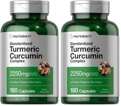 Horbäach Turmeric Curcumin bottle front shows 180 capsules for daily wellness.