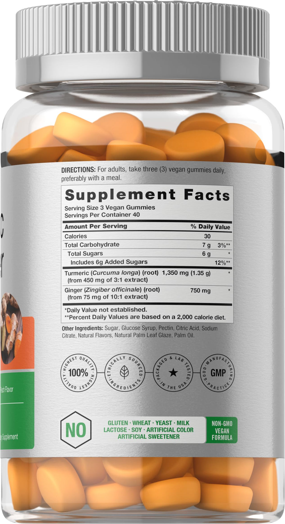 Horbäach gummies closeup shows peach flavor and chewy texture.