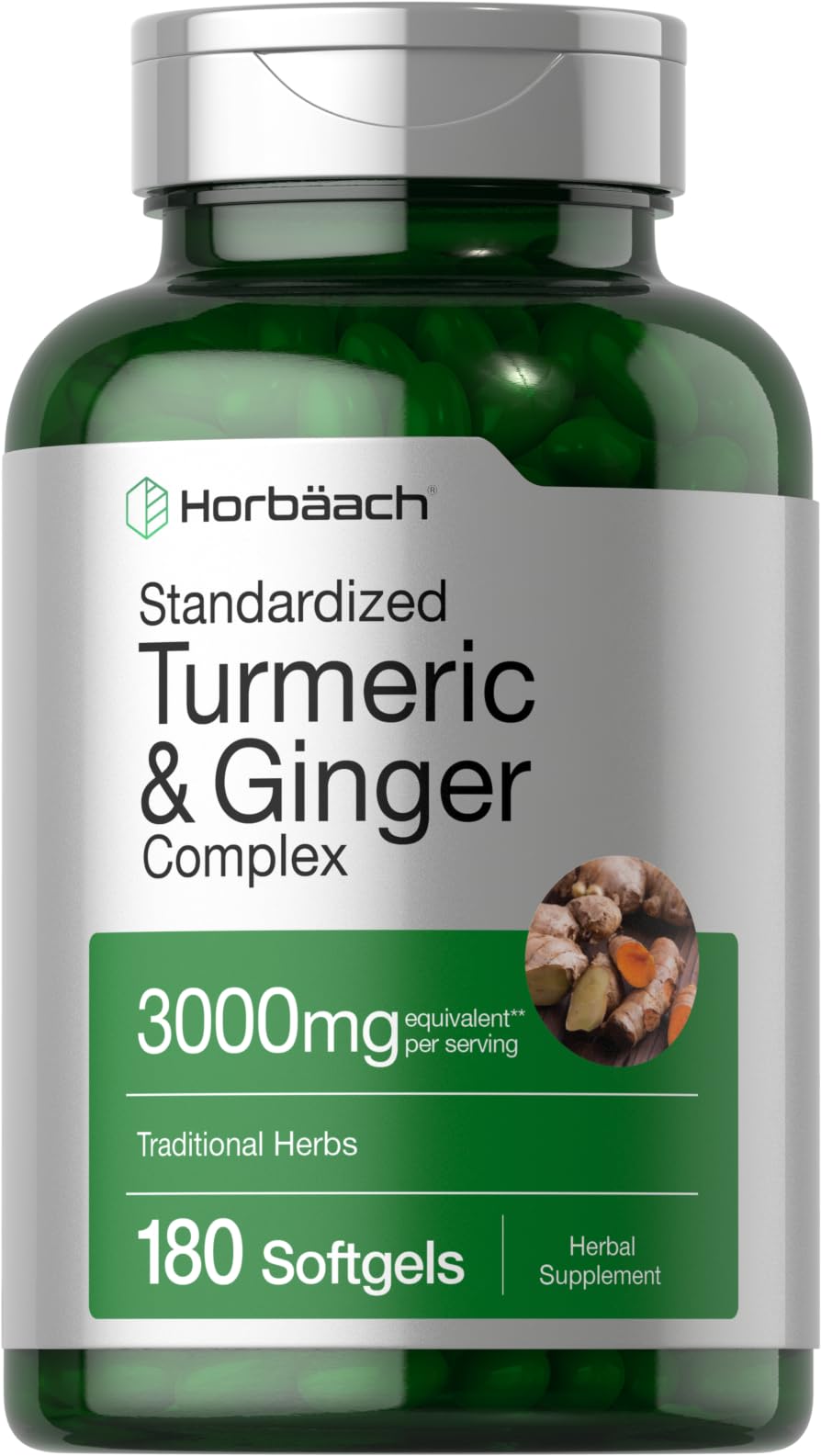 Horbäach Turmeric Ginger Softgel bottle for daily wellness routine.