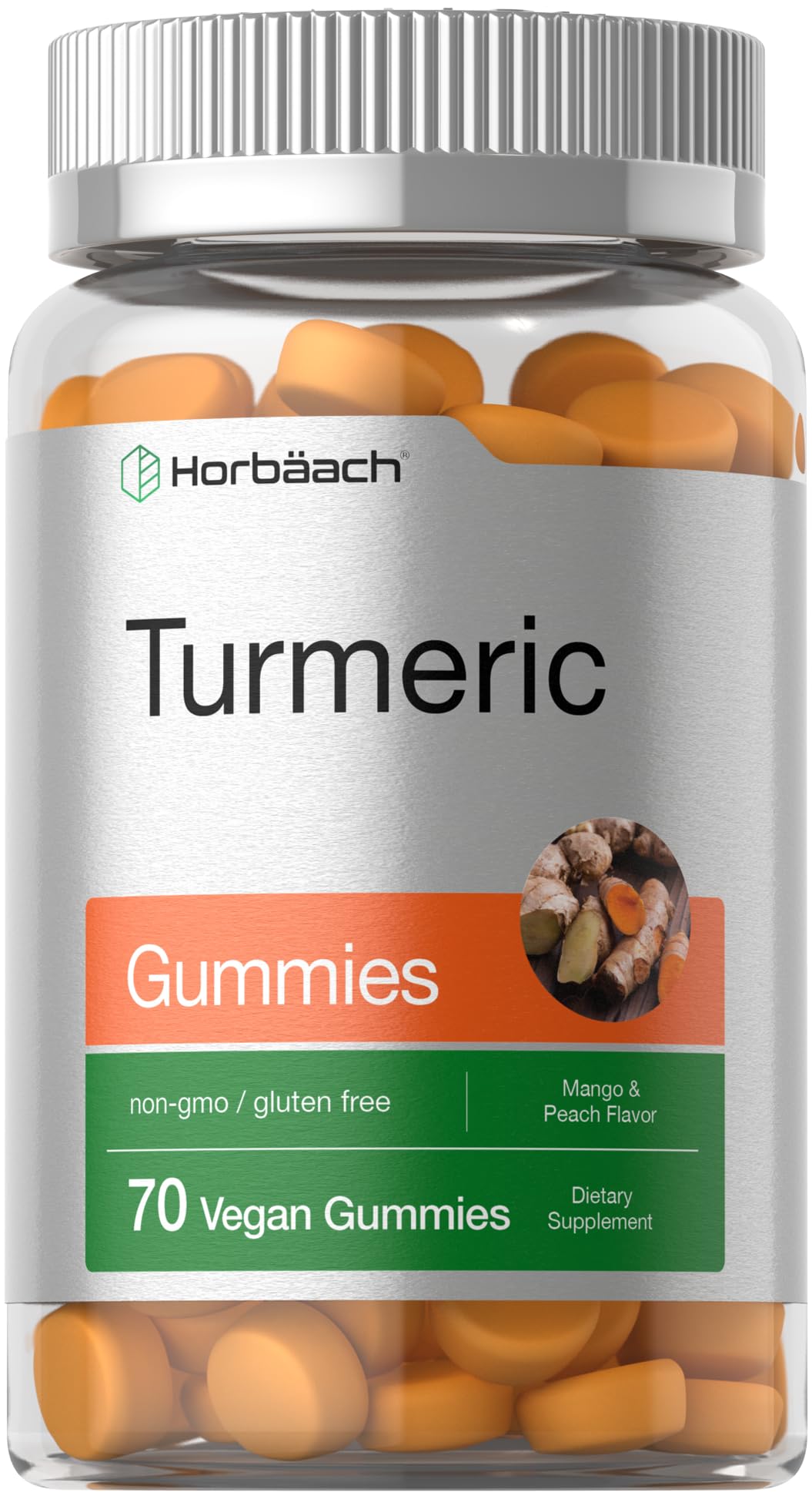 Horbäach Turmeric Gummies bottle with mango-peach flavor for easy daily use.
