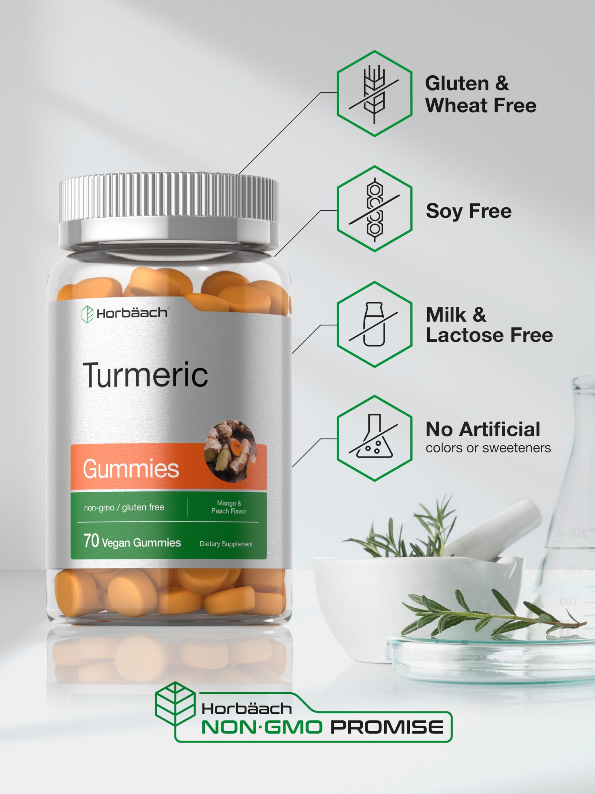 Horbäach turmeric gummies vegan formula label for plant-based lifestyles.